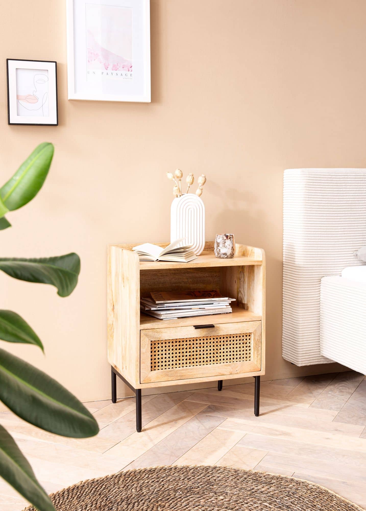 Nachtkonsole Mango Massivholz / Rattan 50x60x40 cm Nachttisch Braun