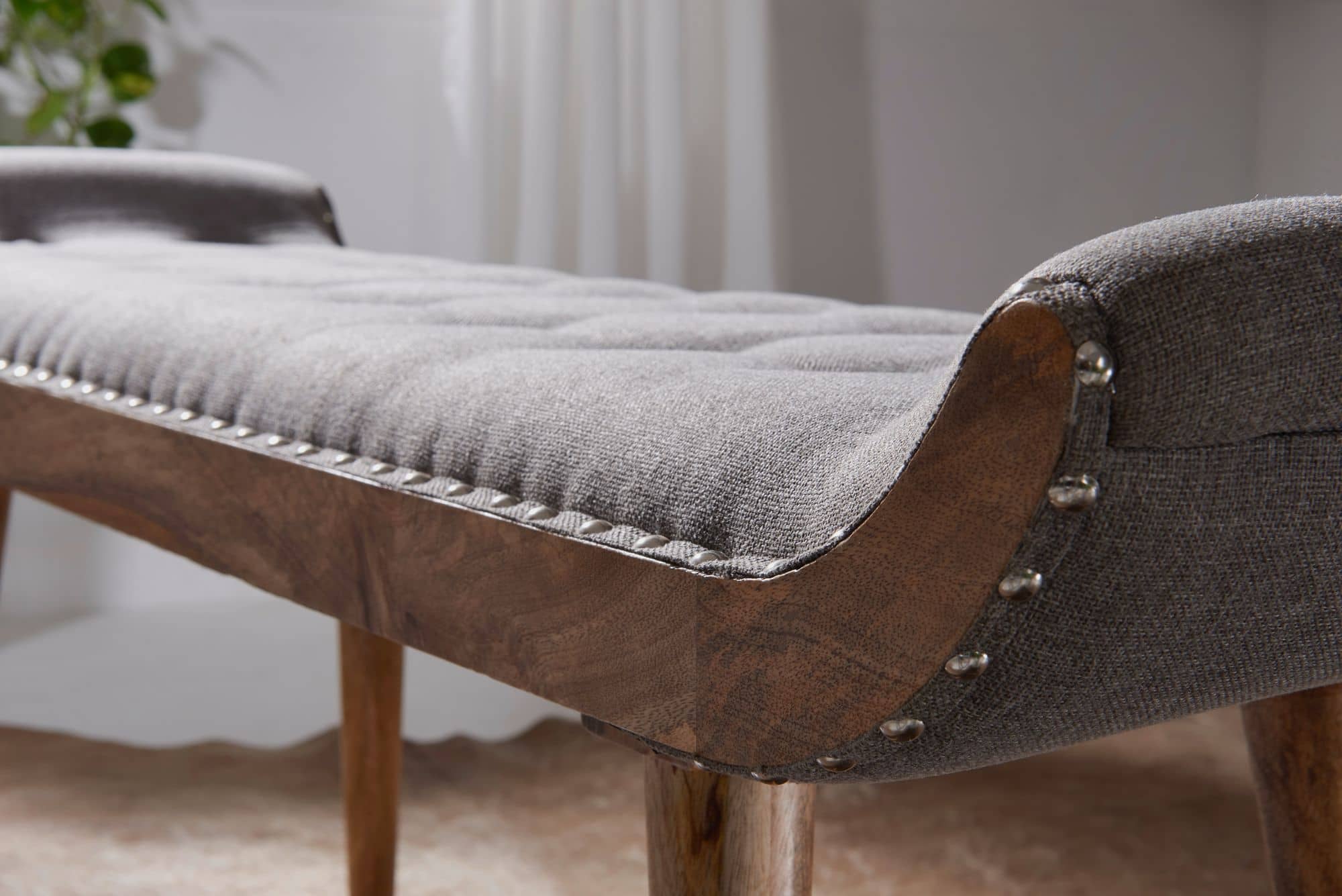 52306-WOHNLING-Sitzbank-WL6-013-WL6-013_5 Sitzbank Stoff / Massivholz Bank Grau 125x51x38 cm Chesterfield-Design
