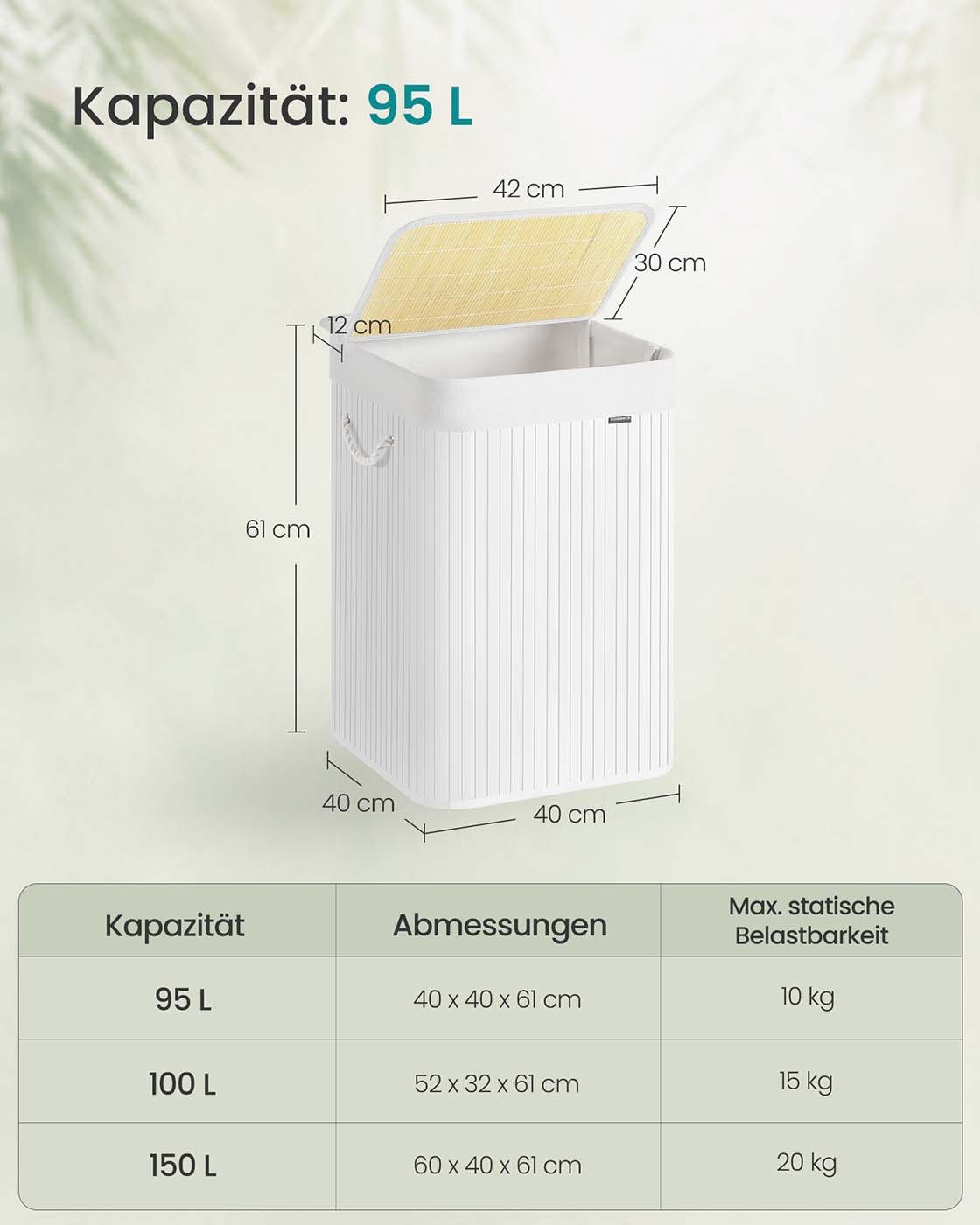 Wäschekorb aus Bambus mit Deckel und Griffen weiß