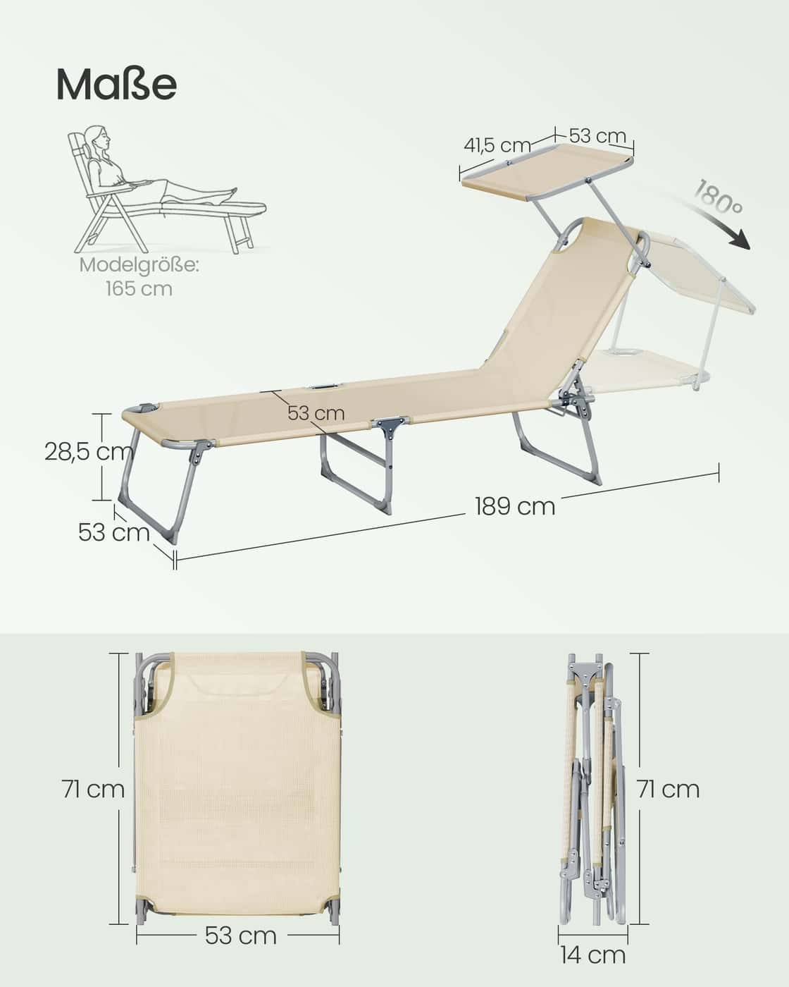 189 x 53 x 28,5 cm Klappbare Sonnenliege mit verstellbarer Rückenlehne und Blende beige