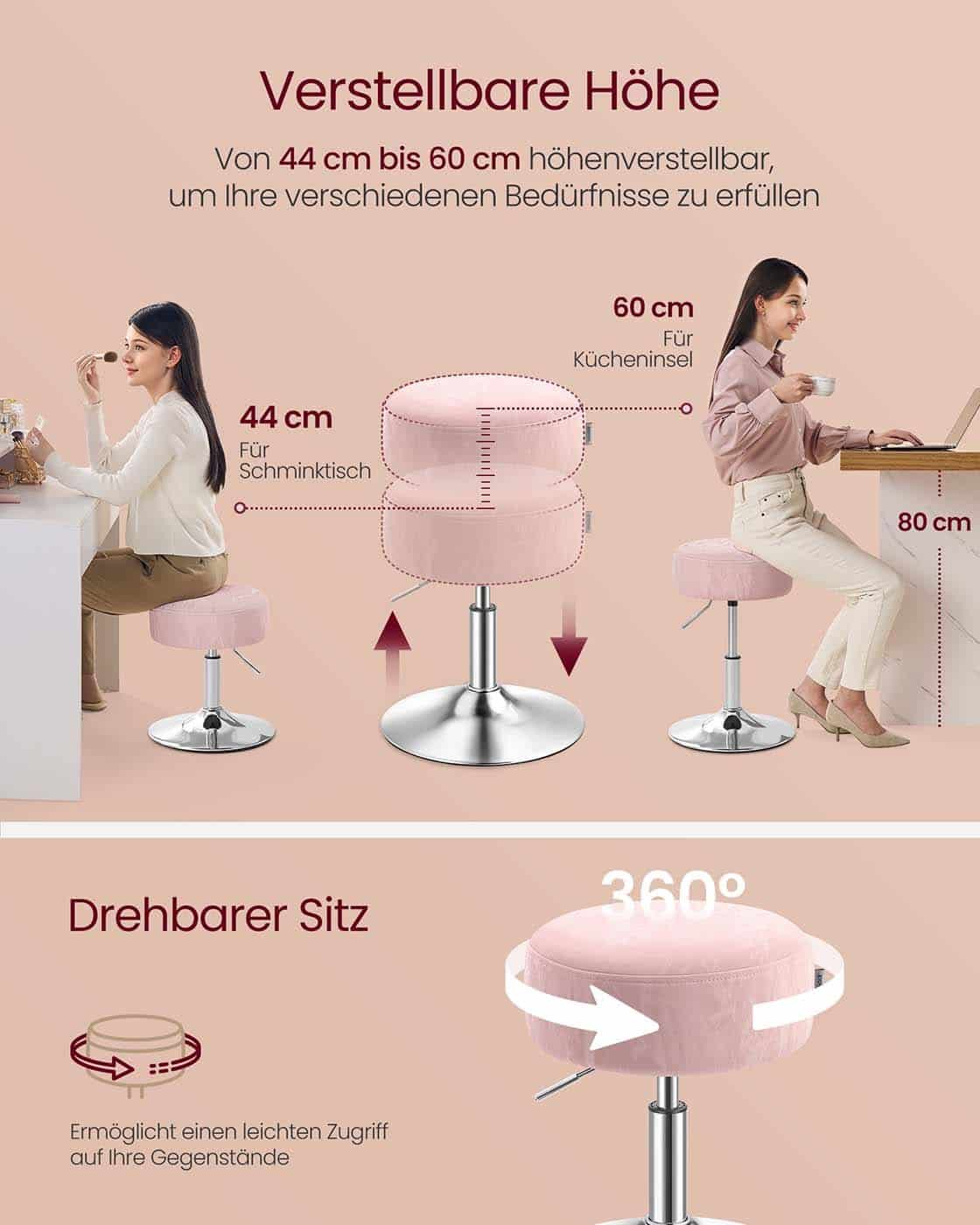 Höhenverstellbarer und 360° drehbarer Schminkhocker pastellrosa Höhenverstellbarer und 360° drehbarer Schminkhocker pastellrosa