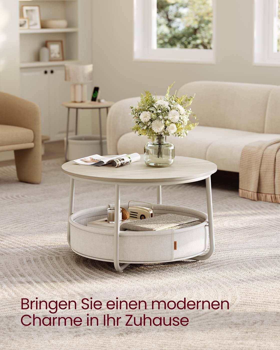Couchtisch rund mit Korb aus Stoff naturbeige-cremeweiß Couchtisch rund mit Korb aus Stoff naturbeige-cremeweiß