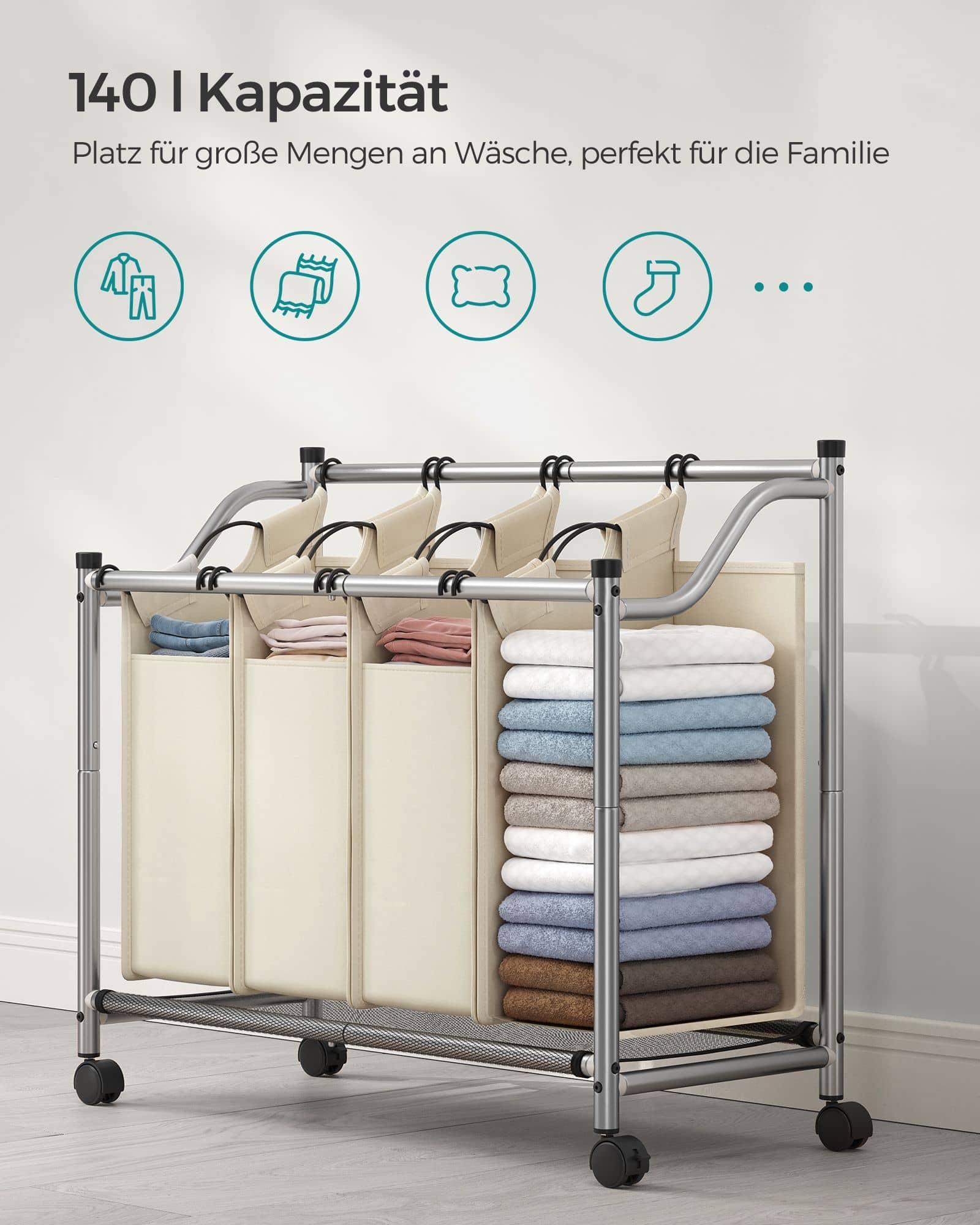 Wäschesammler 4 x 35 L Beige-LSF005S Wäschesammler 4 x 35 L Beige-LSF005S