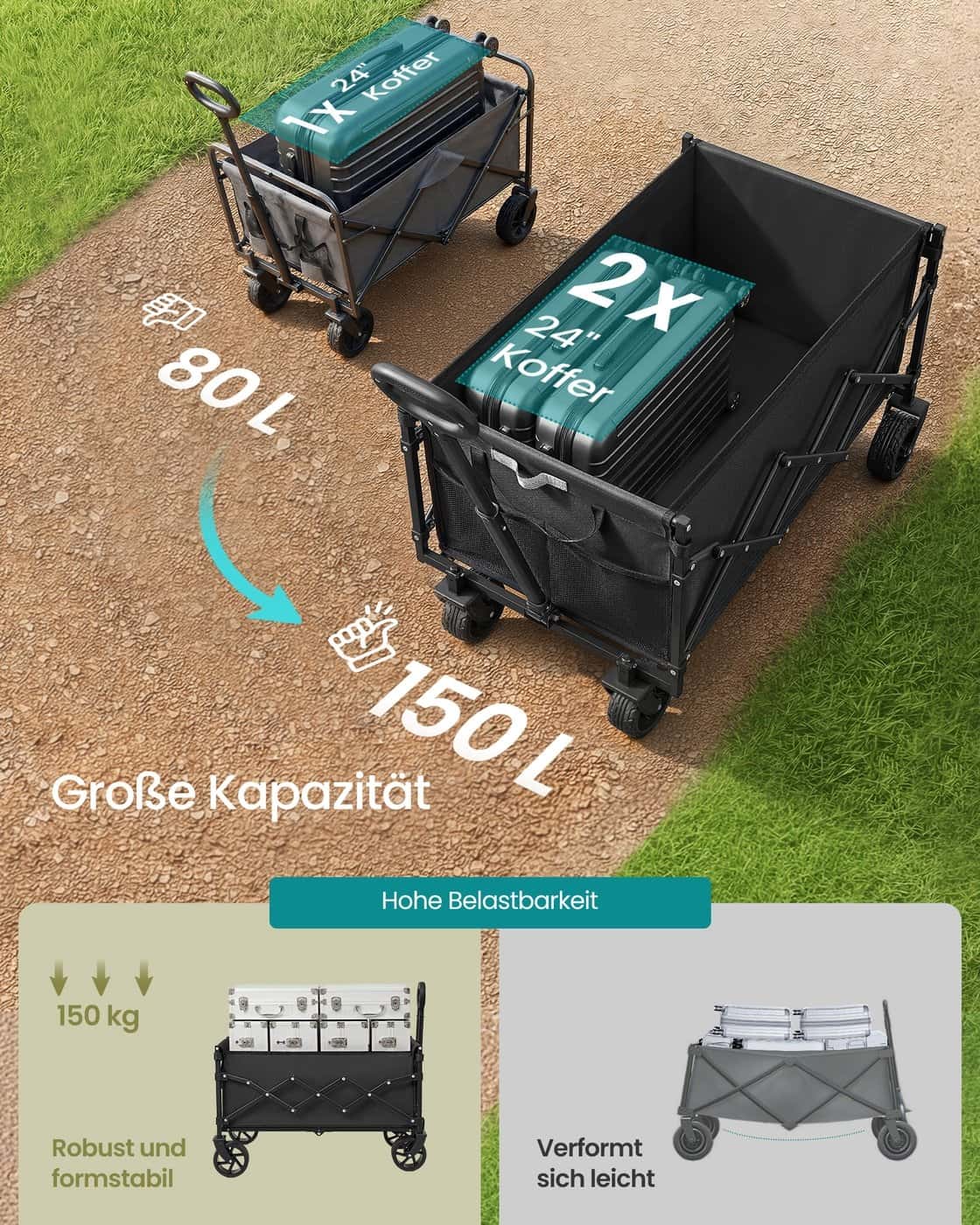 Kleiner Handwagen faltbar mit 4 verstärkten Rollen und Griff Tintenschwarz Kleiner Handwagen faltbar mit 4 verstärkten Rollen und Griff Tintenschwarz