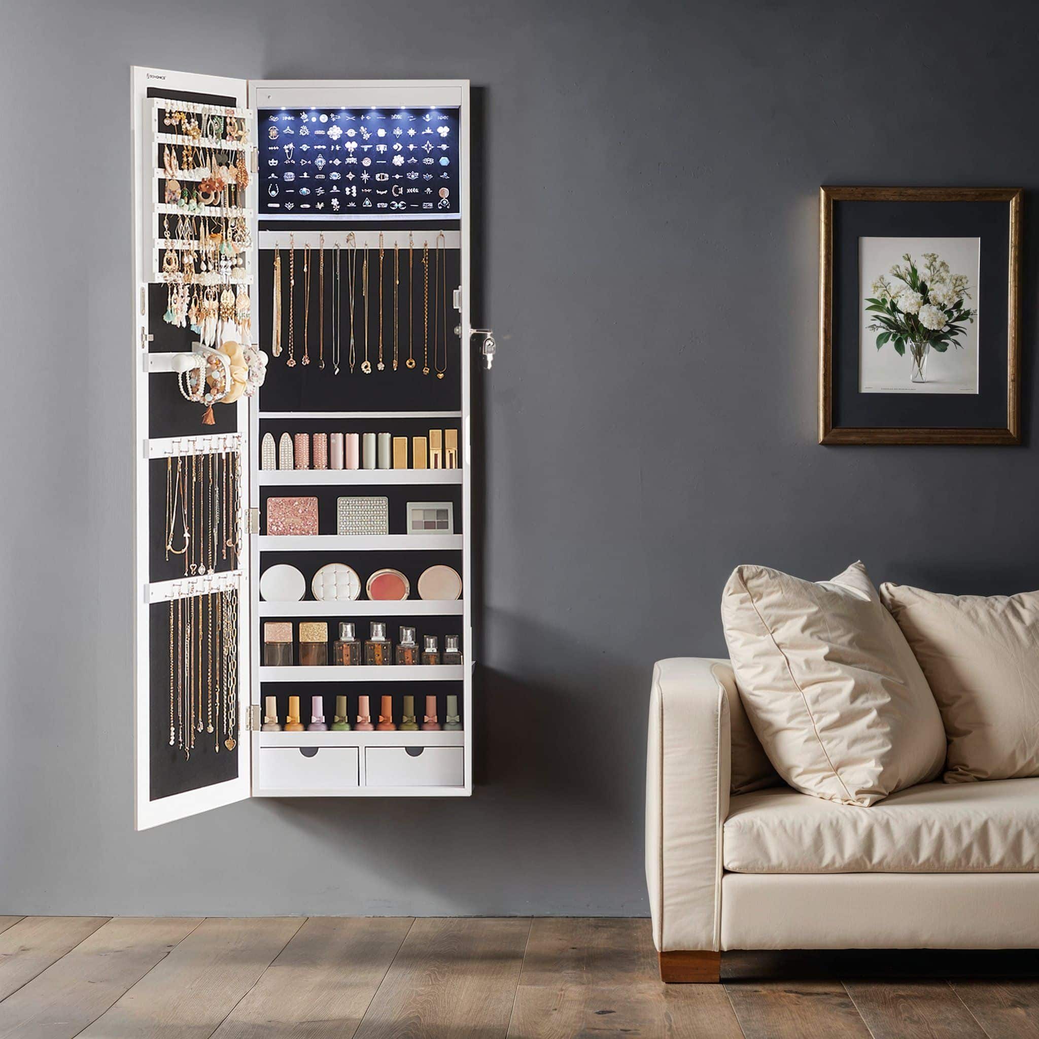 Schmuckschrank hängend, Wandspiegel, 6 LED-Glühbirnen Schmuckschrank hängend, Wandspiegel, 6 LED-Glühbirnen