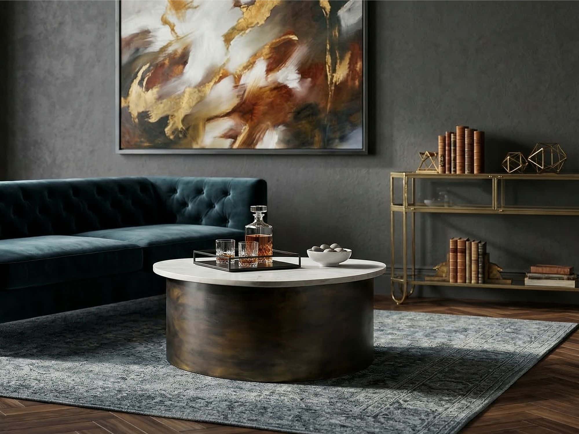 Couchtisch Gold 63cm mit weißer Marmor Tischplatte - Wohnzimmertisch Alu organische Form - Sofatisch Aluminium modern - Design Beistelltisch Metallgestell Handmade