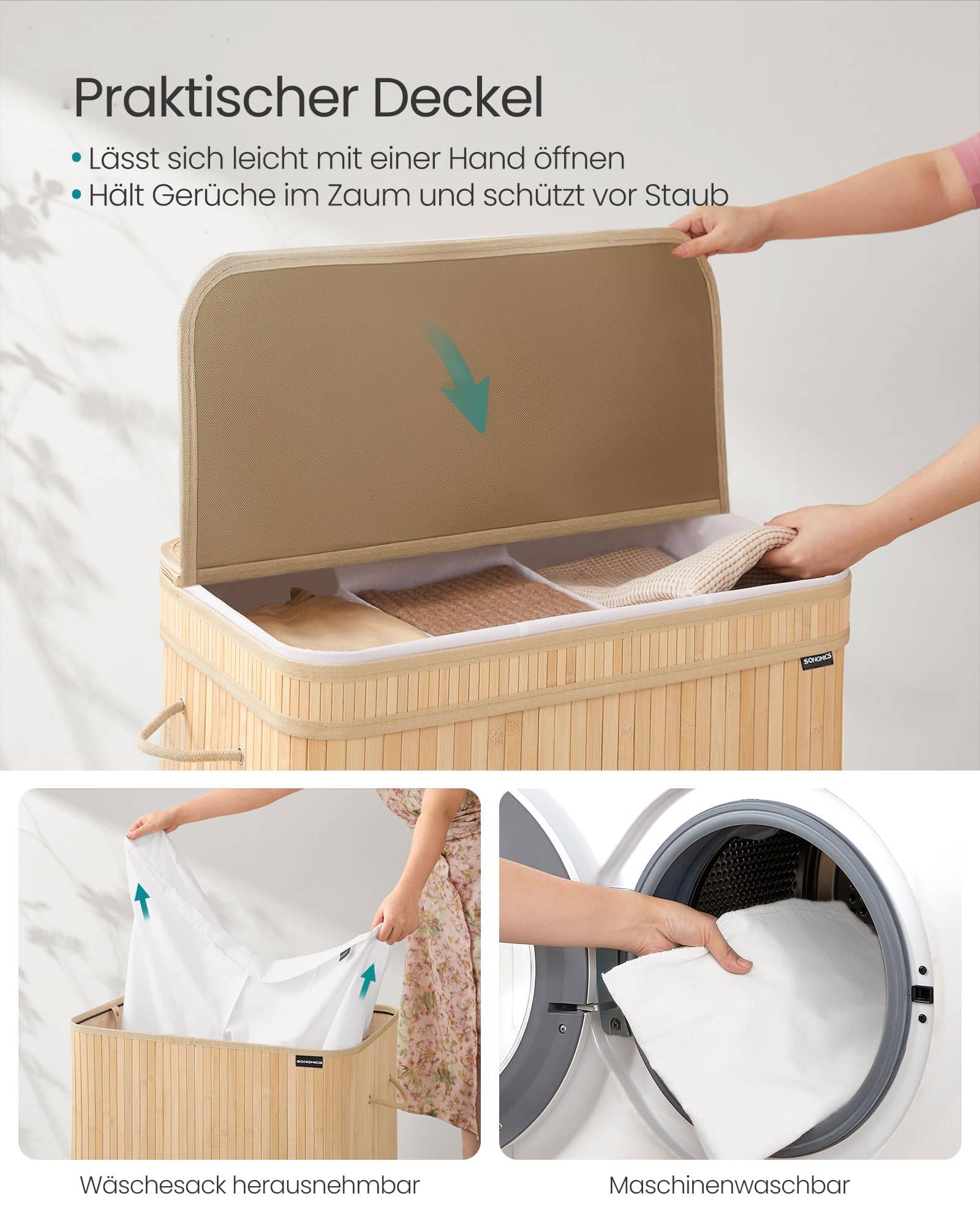 Wäschekorb mit Deckel aus Bambus 150 Liter naturbeige