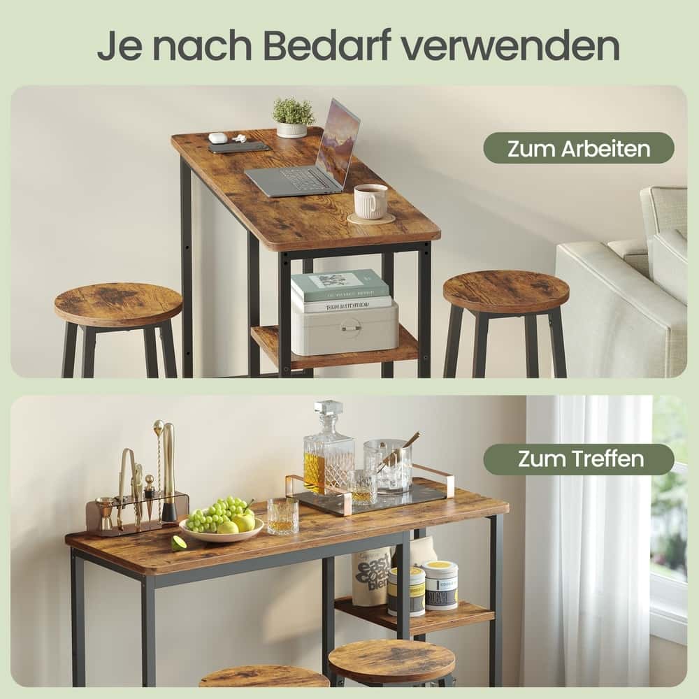 Bartisch-Set mit Regal, Essgruppe mit 2 Hockern, Metallgestell