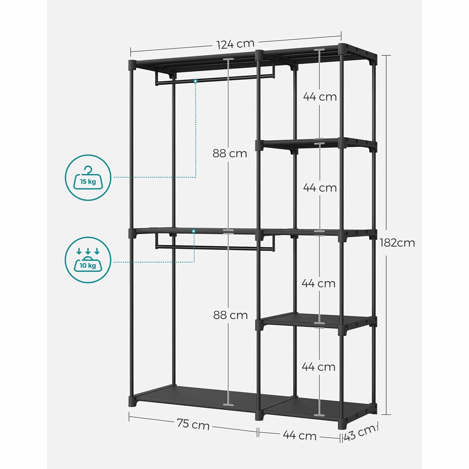 Kleiderschrank offen mit Kleiderstangen 43 x 124 x 182 cm schwarz