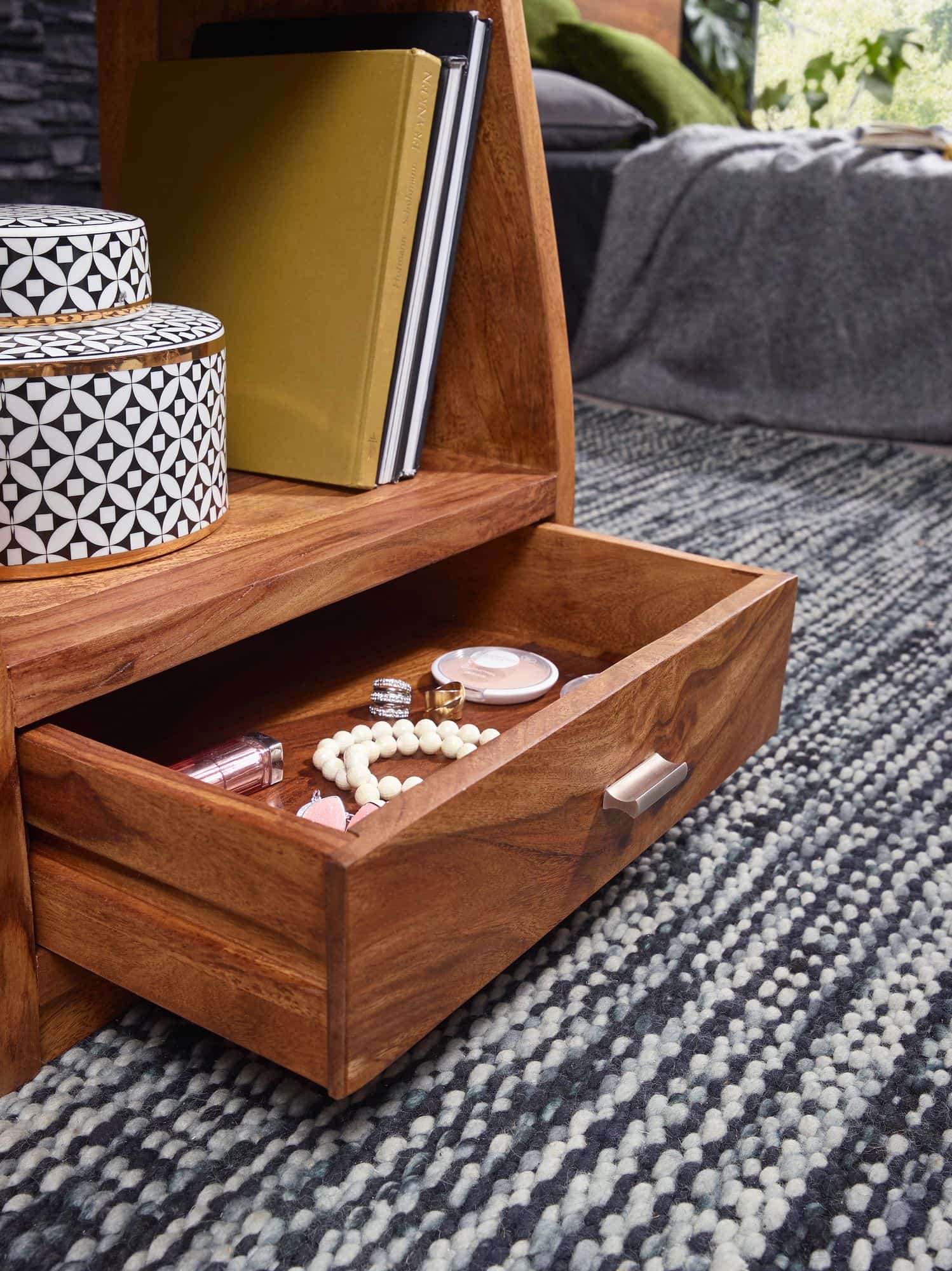 Nachttisch MUMBAI Massiv-Holz Sheesham Nacht-Kommode 53 cm 1 Schublade Ablage Nachtschrank Landhaus-Stil Echt-Holz