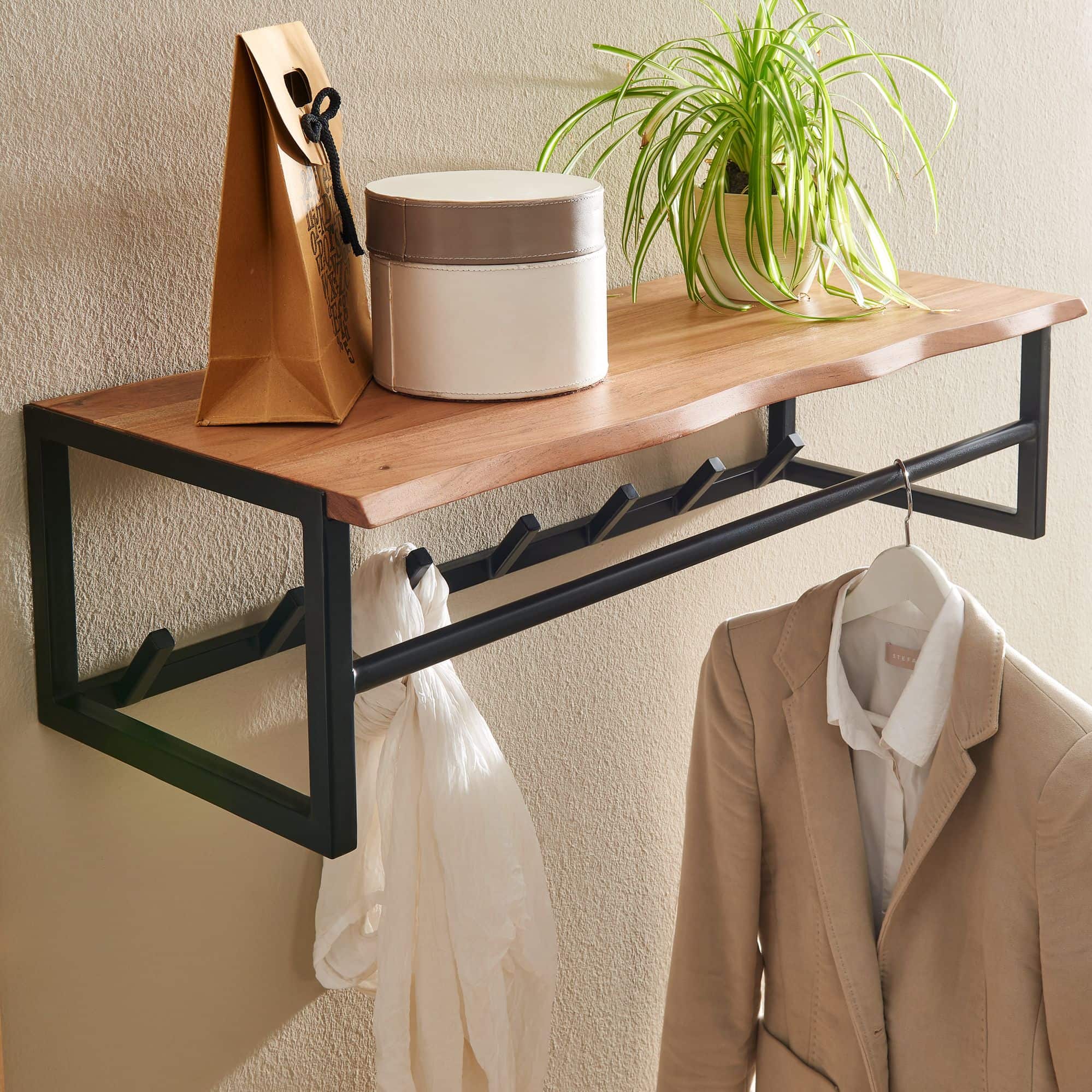 60508-Wohnling-Wandgarderobe-Akazie-80-X-33-X-22-cm-WL6-353-WL6-353_4IWorTXKSCCvxL Design Wandgarderobe Akazie Massivholz / Metall 80x22x33 cm