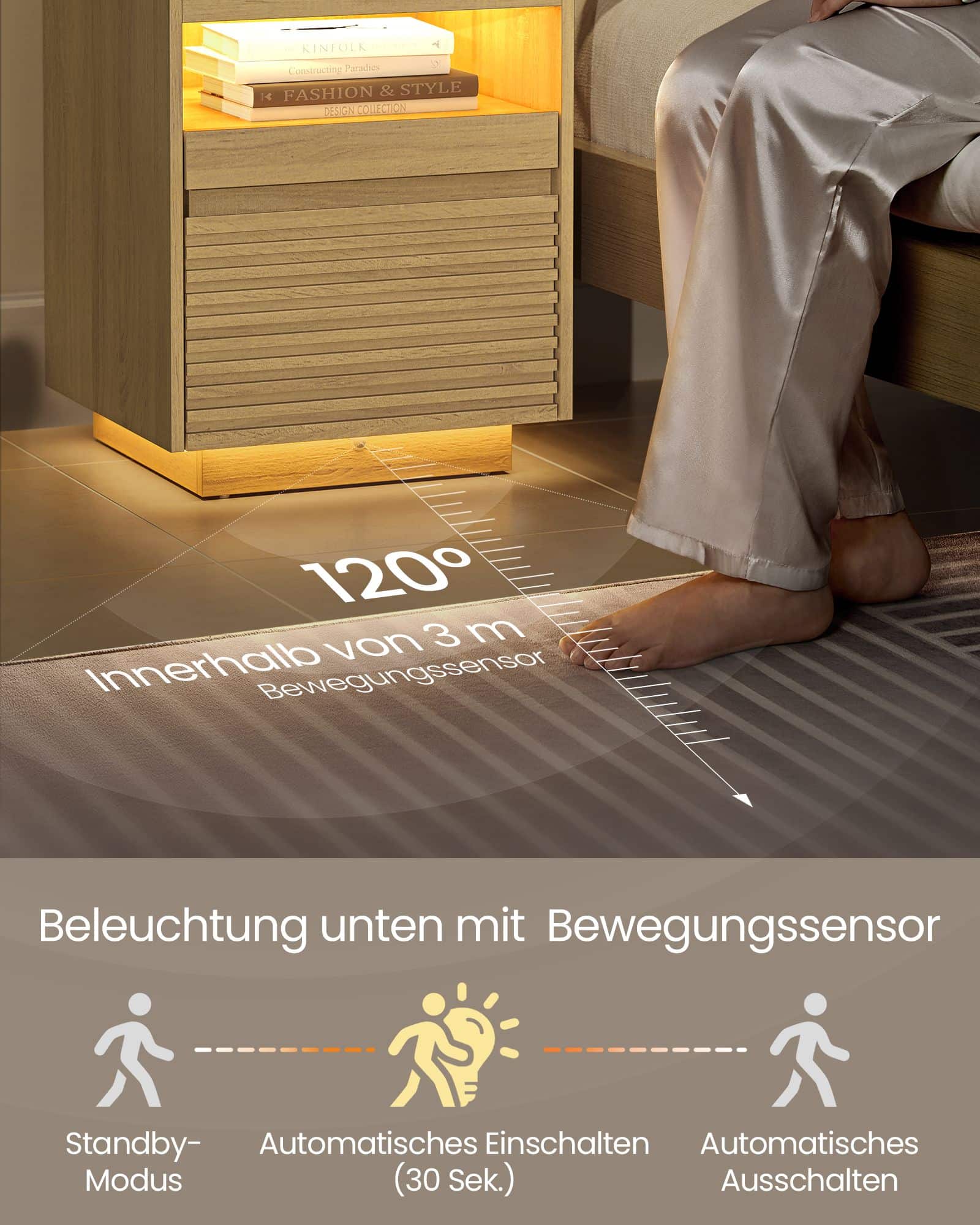 Nachttisch mit LED-Beleuchtung und ausziehbarer Ablage Nachttisch mit LED-Beleuchtung und ausziehbarer Ablage