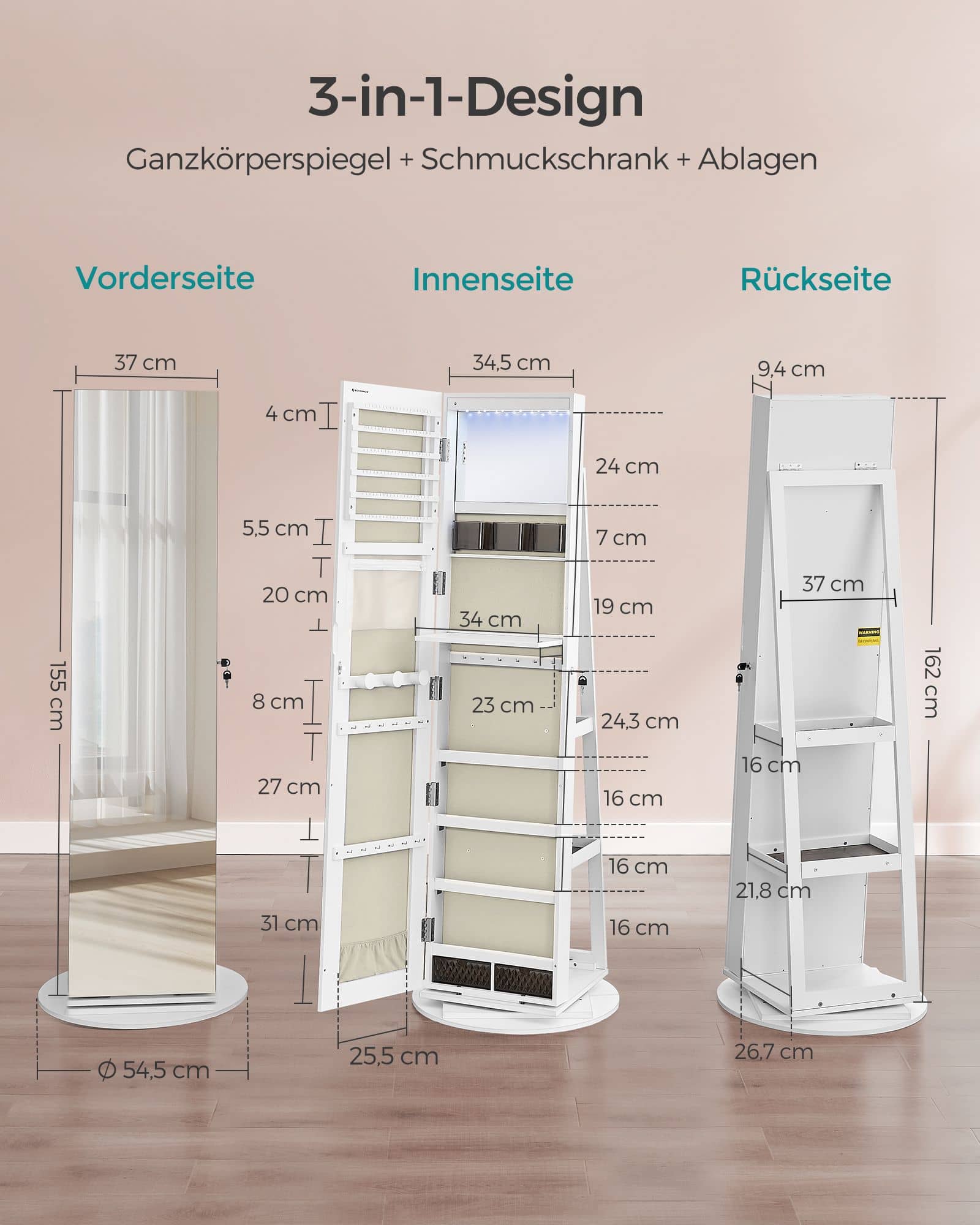 Schmuckschrank mit rahmenlosem Ganzkörperspiegel