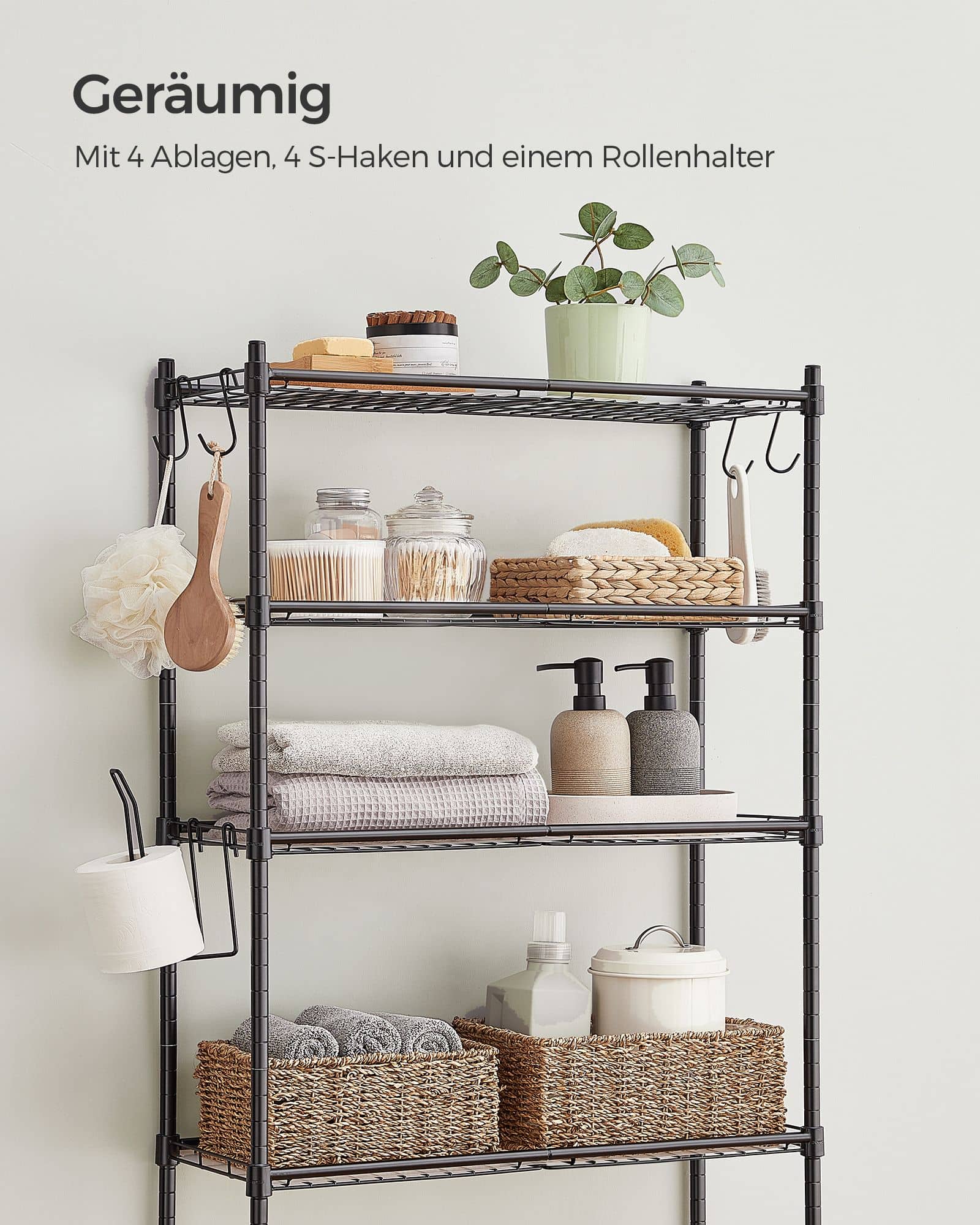 4-stöckiges Toilettenregal mit Haken platzsparend schwarz 4-stöckiges Toilettenregal mit Haken platzsparend schwarz