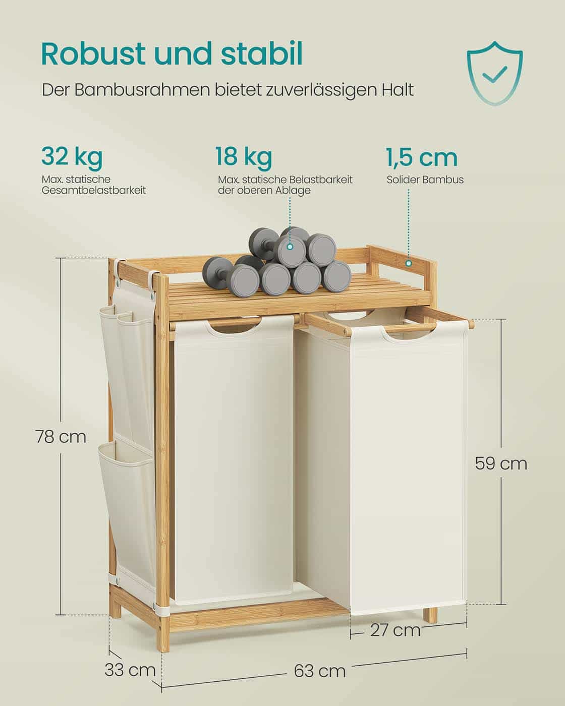 Wäschekorb 2 Fächer 2 x 50 L 63 x 33 x 78 cm cremeweiß Wäschekorb 2 Fächer 2 x 50 L 63 x 33 x 78 cm cremeweiß