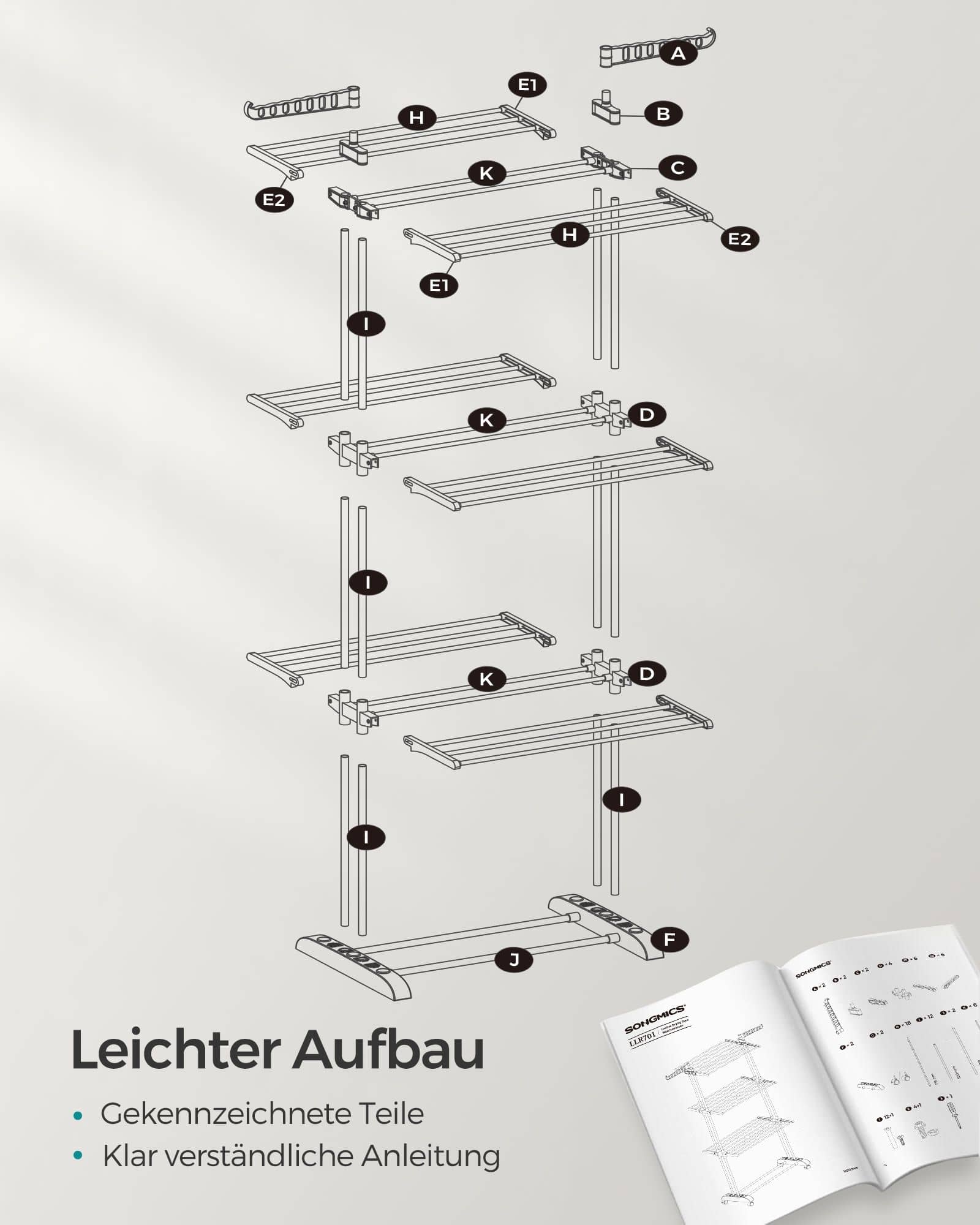 Wäscheständer 4 Ebenen mit klappbaren Flügeln und Rollen grau