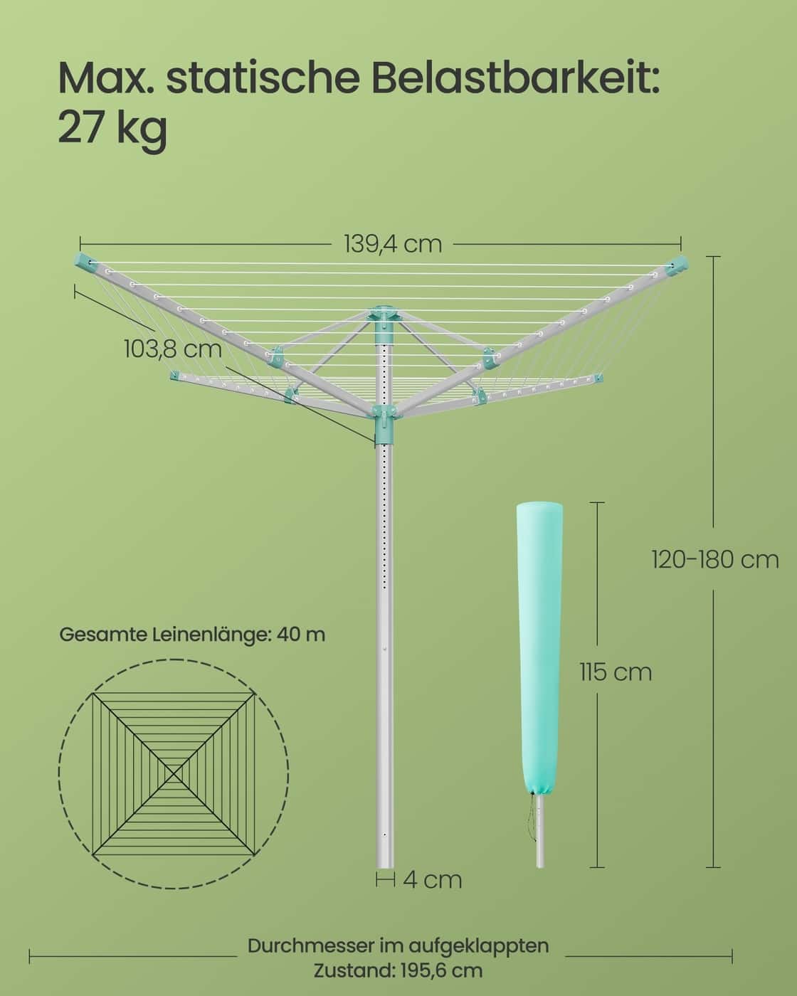 Wäscheständer höhenverstellbar mit Bodenanker für 4 Waschladungen Silbern-grün Wäscheständer höhenverstellbar mit Bodenanker für 4 Waschladungen Silbern-grün