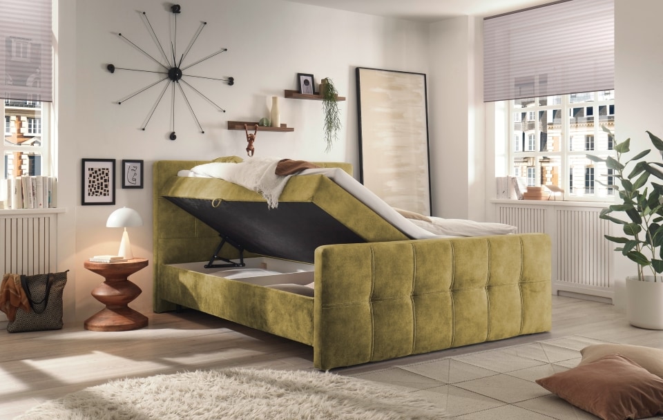 Valetta_Salvador_BK_olive Stilvolle Ruheoase: Olive-farbenes ED Boxbett Valetta 6 mit Luxus-Mikrofaser und Tonnentaschenfederkern