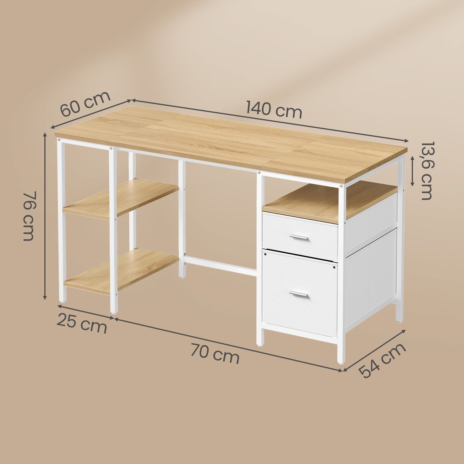 Computertisch mit 3 Ablagen und 2 Schubladen natureichenfarben-perlweiß Computertisch mit 3 Ablagen und 2 Schubladen natureichenfarben-perlweiß