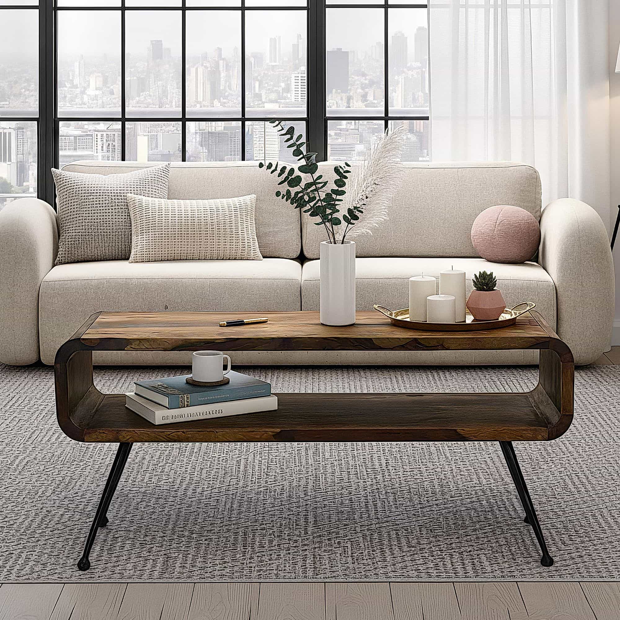 Retro Couchtisch Sheesham Massivholz 100cm · Wohnzimmertisch rechteckig mit Ablagefach · Handgefertigter Sofatisch aus Holz mit Metallbeinen im Industrial Design