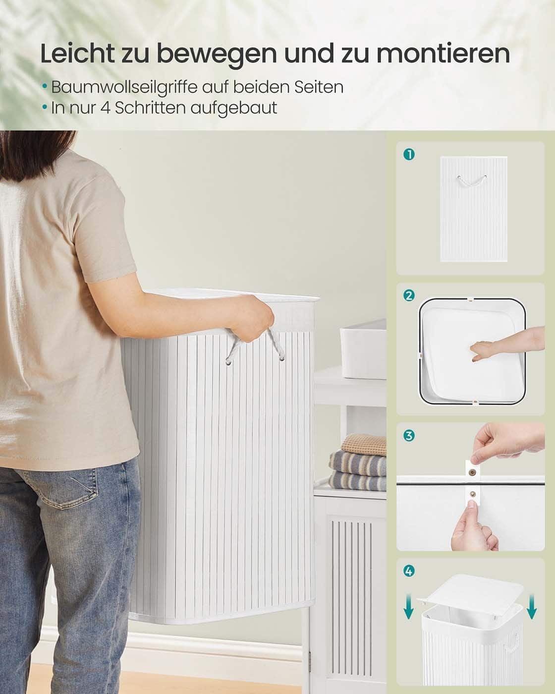 Wäschekorb aus Bambus mit Deckel und Griffen weiß