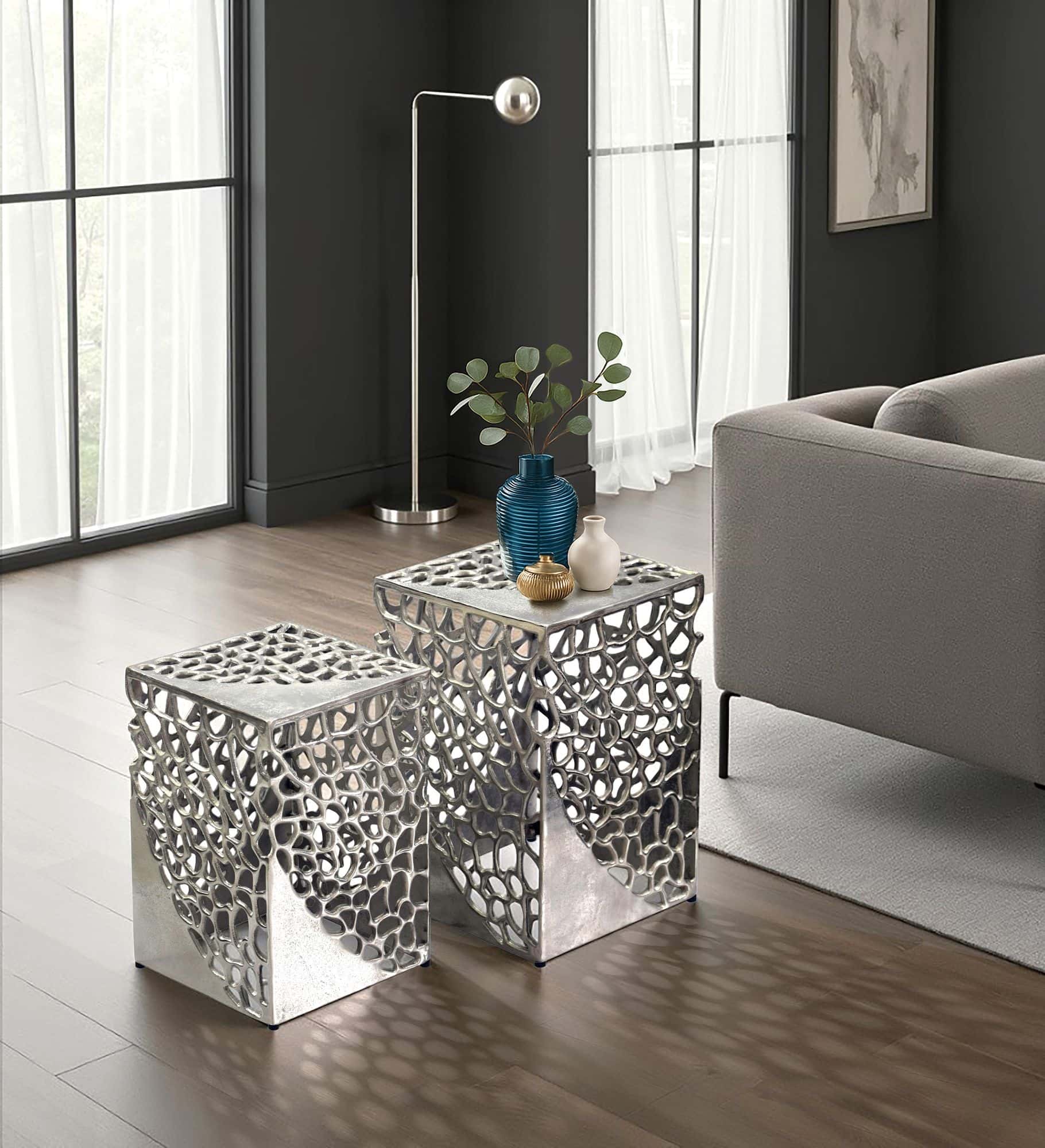 2er Set Beistelltisch Aluminium Silber - Design Couchtisch Set - Metalltisch Wohnzimmertisch modern Alu - Sofatisch quadratisch Metall - Loungetisch Set Satztisch Handmade