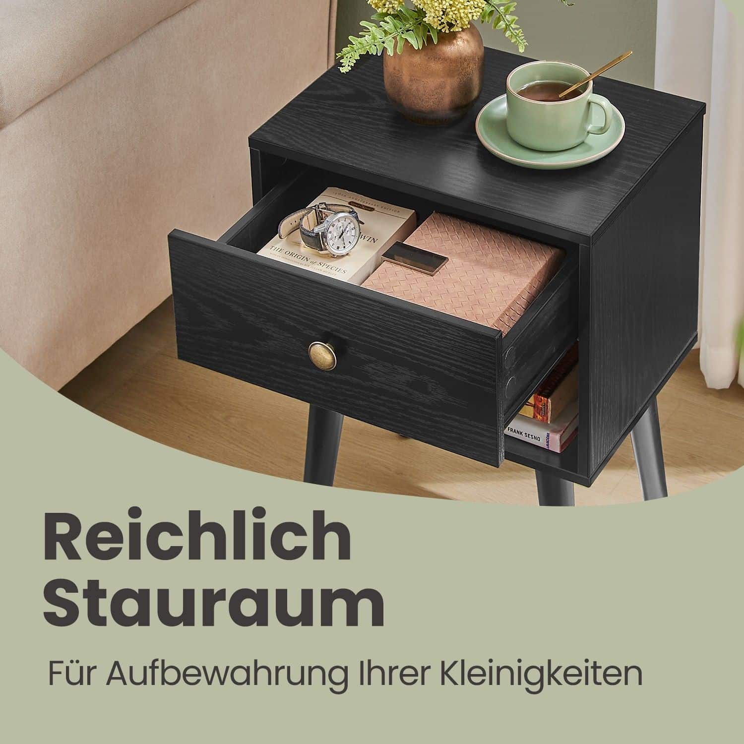 Nachttisch, Beistelltisch mit Schublade und offener Ablage, Holzbeine Nachttisch, Beistelltisch mit Schublade und offener Ablage, Holzbeine