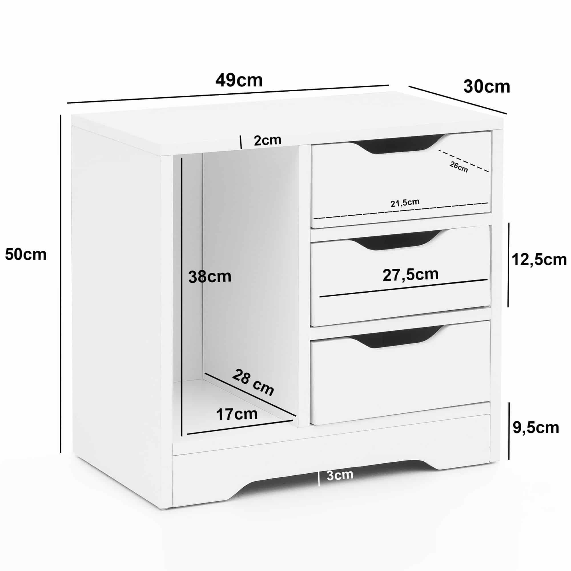 Nachtkonsole WL5.708 49x50x30 cm Weiß Matt 3 Schubladen 1 Ablagefach
