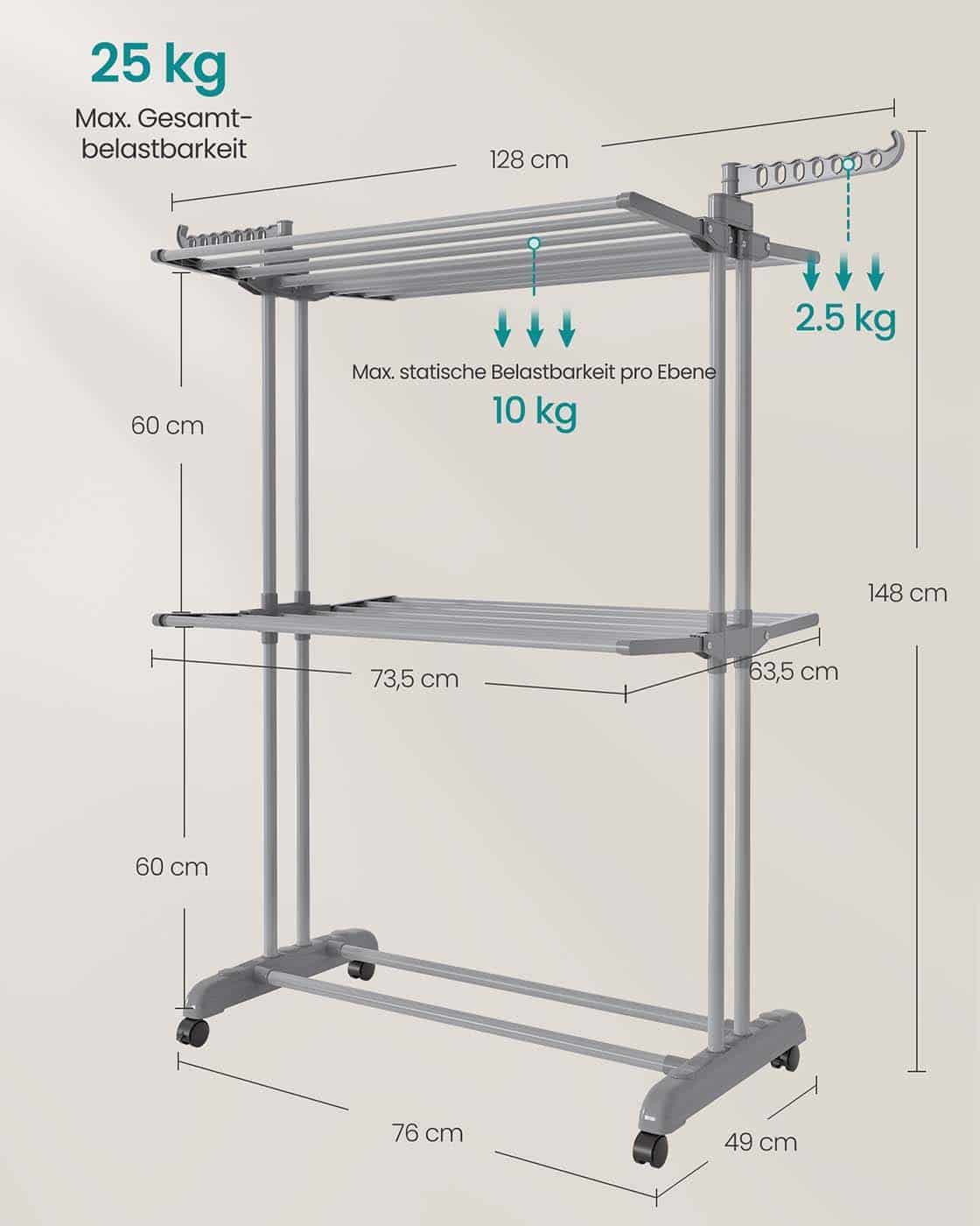 Wäscheständer mit 4 Ebenen 63,5 x 128 x 173 cm taubengrau Wäscheständer mit 4 Ebenen 63,5 x 128 x 173 cm taubengrau