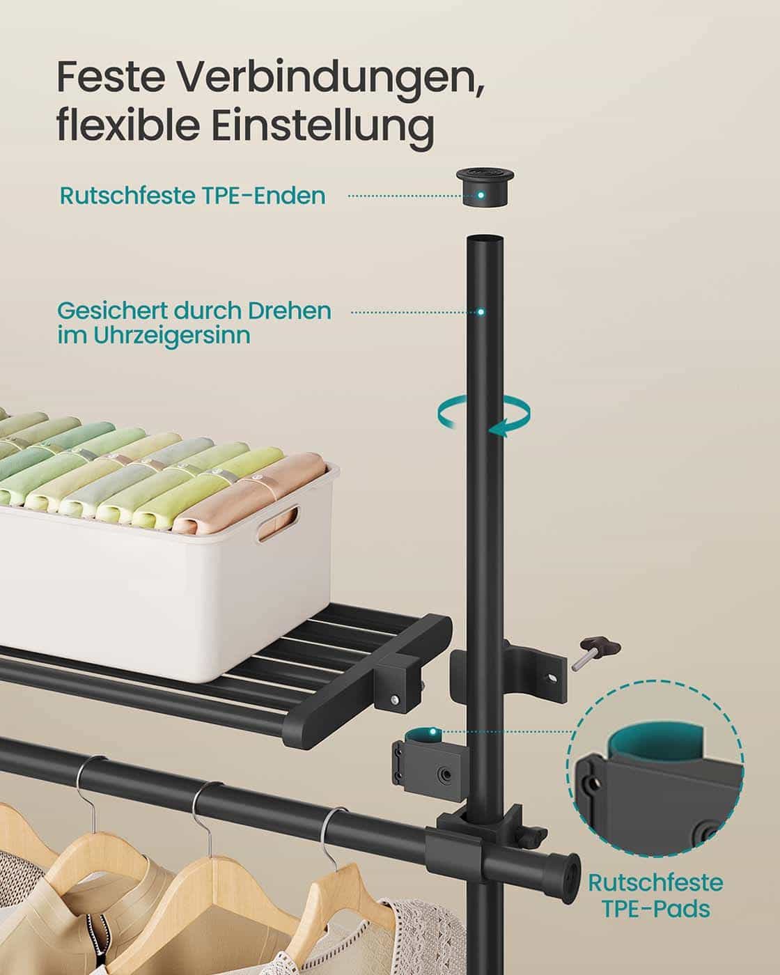 Teleskop-Kleiderstangen mit 6 Stangen und 3 Ablagen mattschwarz Teleskop-Kleiderstangen mit 6 Stangen und 3 Ablagen mattschwarz