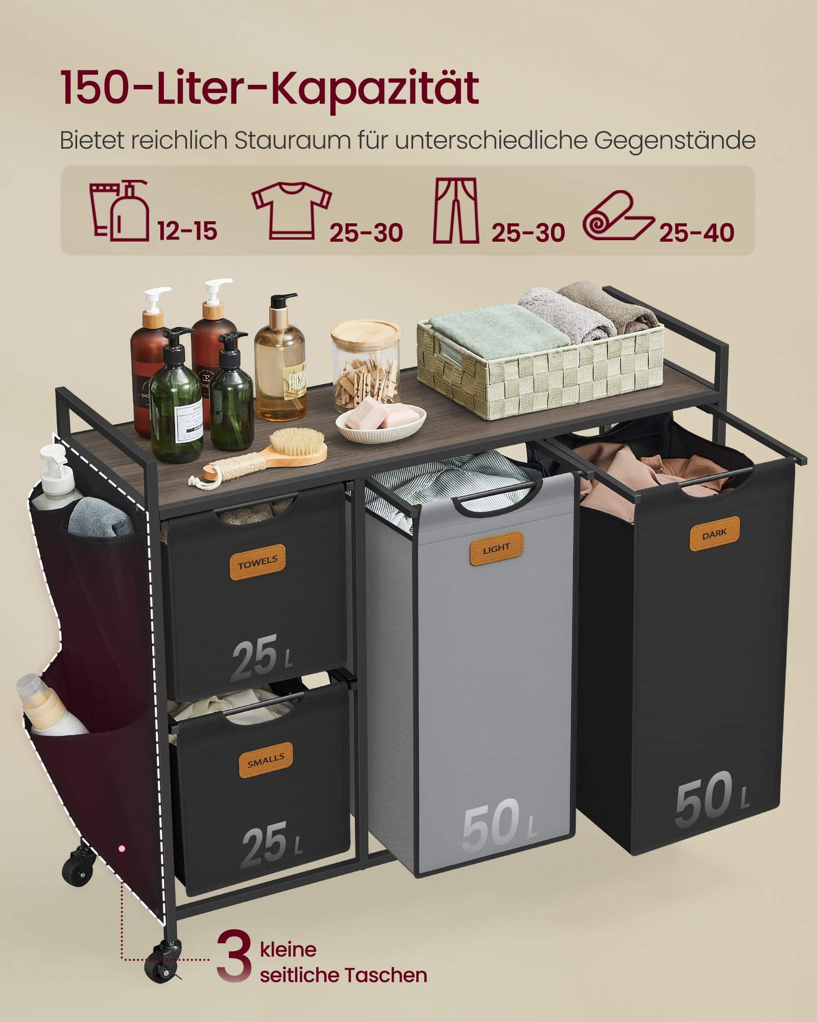 Wäschekorb 4 Fächer kastanienbraun-tintenschwarz-taubengrau Wäschekorb 4 Fächer kastanienbraun-tintenschwarz-taubengrau