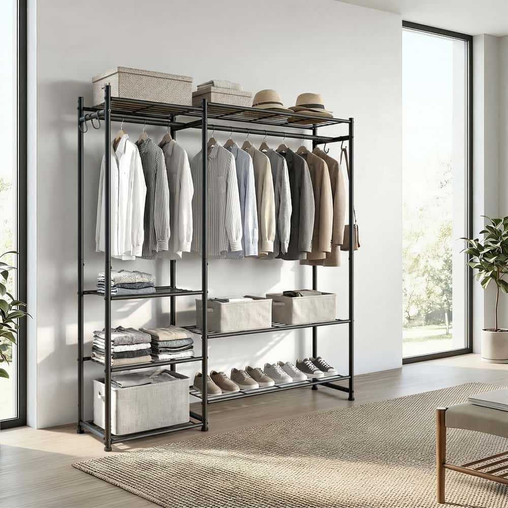 Garderobenständer mit Metallrahmen, offener Kleiderschrank, 7 Ablagen