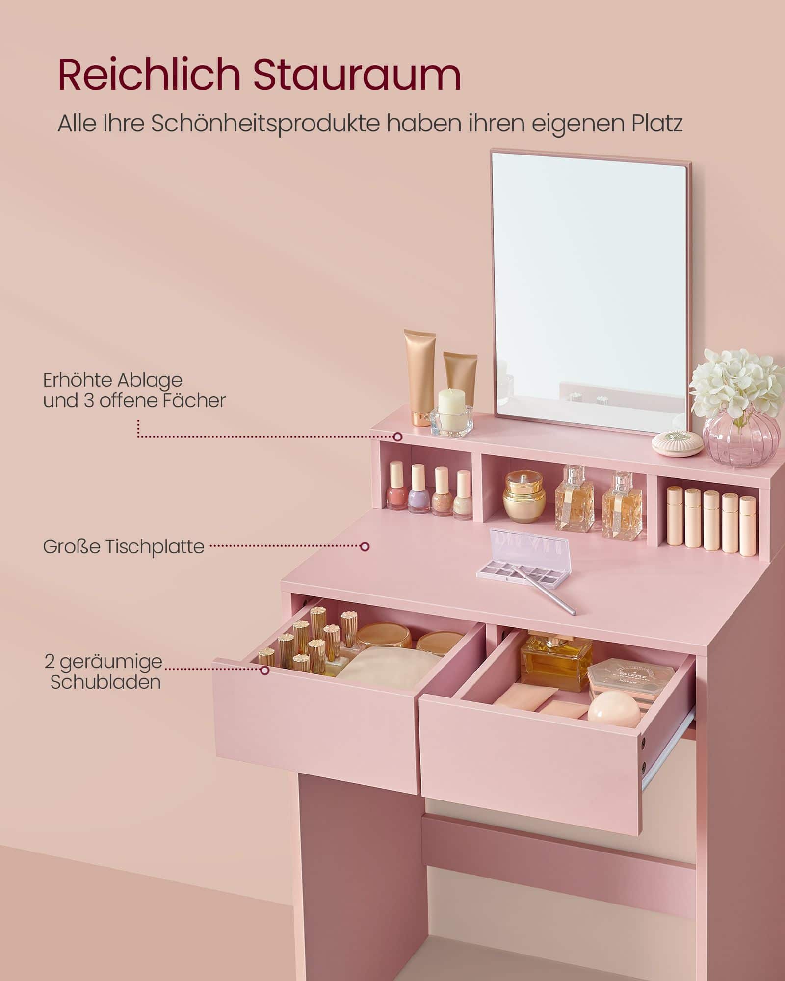 Schminktisch mit Spiegel und 2 Schubladen pastellrosa Schminktisch mit Spiegel und 2 Schubladen pastellrosa