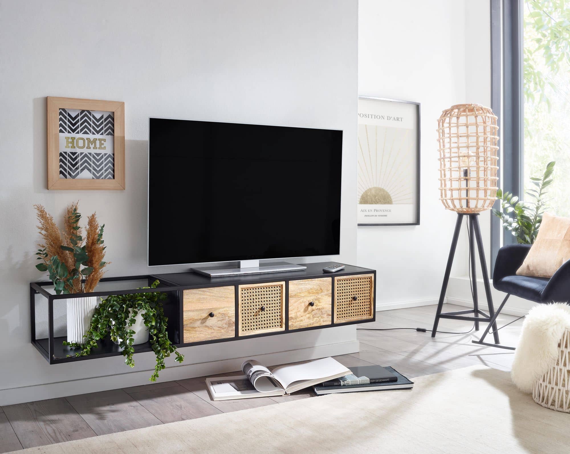 67860-Wohnling-TV-Konsole-haengend-150x35x25-cm-WL6-588-1 Lowboard Hängend Mango Massivholz / Metall 150x25x35 cm TV-Schrank Schwarz