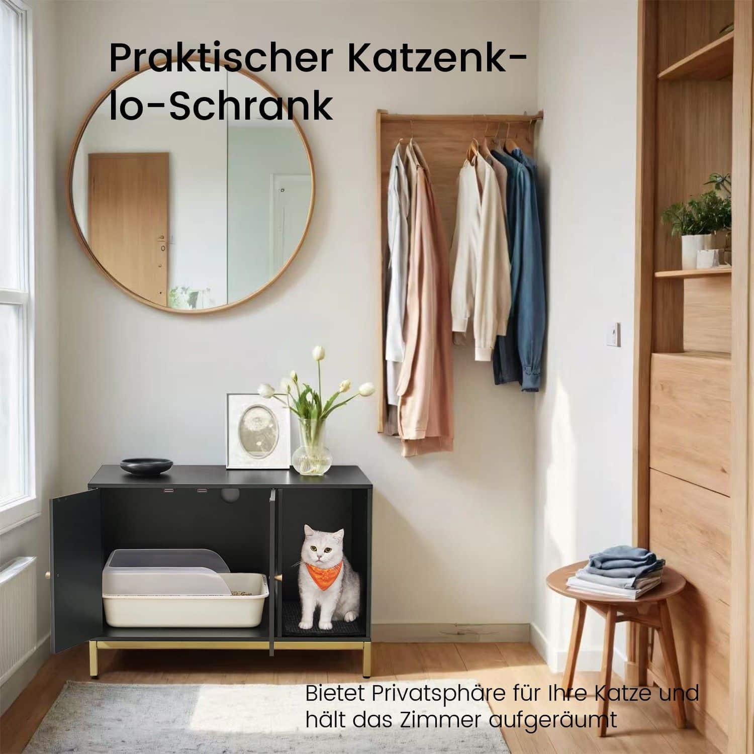 Katzenklo-Schrank mit Kratzmatte und Beinen goldfarben Katzenklo-Schrank mit Kratzmatte und Beinen goldfarben