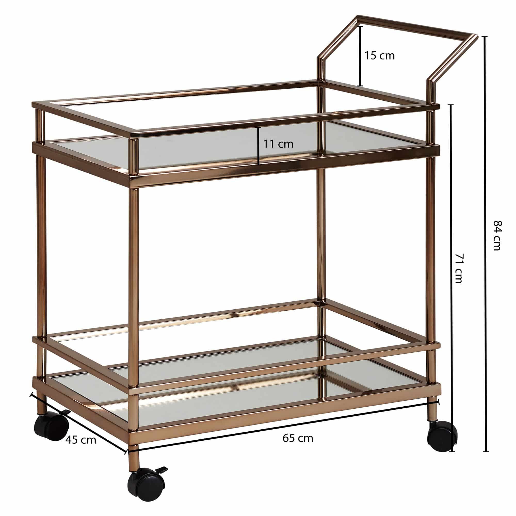 52206-WOHNLING-Servierwagen-WL5-987-Rollwagen-MAssE-Rosegold-Teewagen-Metall-mit-Rollen-Kuechenwagen-mit-Glas-Boeden-45-cm-breit-Kuechen-Trolley-Modern-Mobiler-Beistelltisch-Spe_3 Design Servierwagen Dunkles Gold 2 Ebenen mit Bremsen