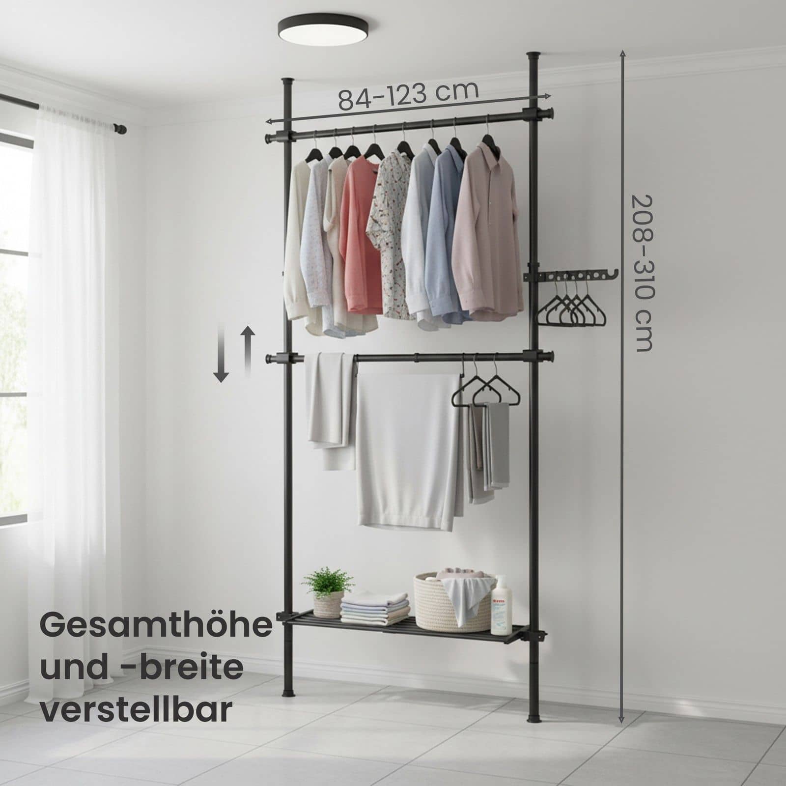 3-stufiger Kleiderständer, höhen- und breitenverstellbar, offene Garderobe mit 2 Kleiderstangen und 1 Ablage 3-stufiger Kleiderständer, höhen- und breitenverstellbar, offene Garderobe mit 2 Kleiderstangen und 1 Ablage