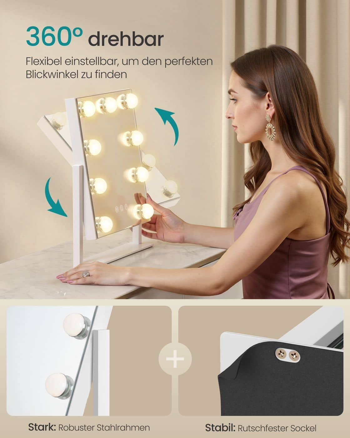 Schminkspiegel mit Beleuchtung und 9 LED-Glühbirnen mattweiß