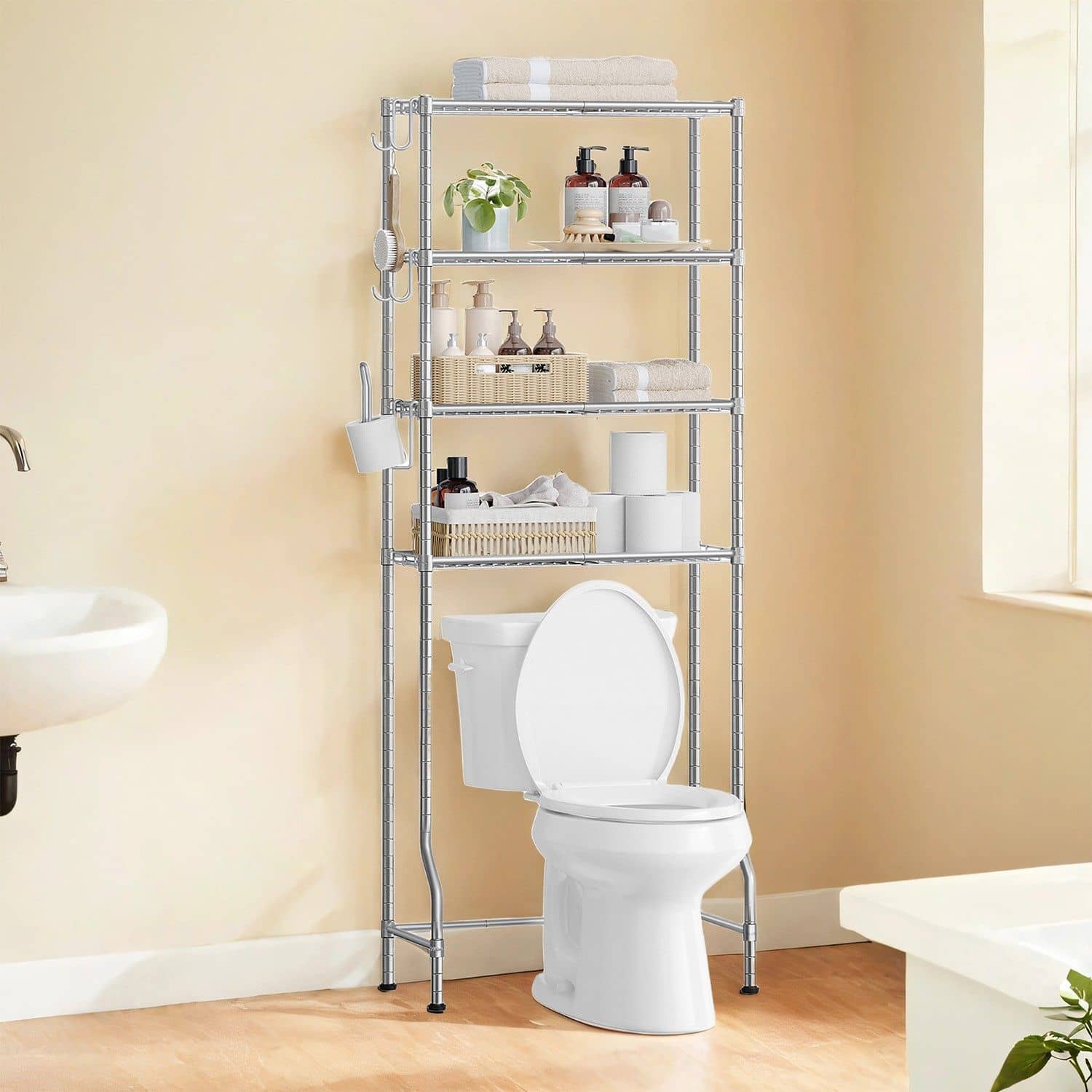 4-stöckiges Toilettenregal mit Ablagen Haken taubengrau 4-stöckiges Toilettenregal mit Ablagen Haken taubengrau