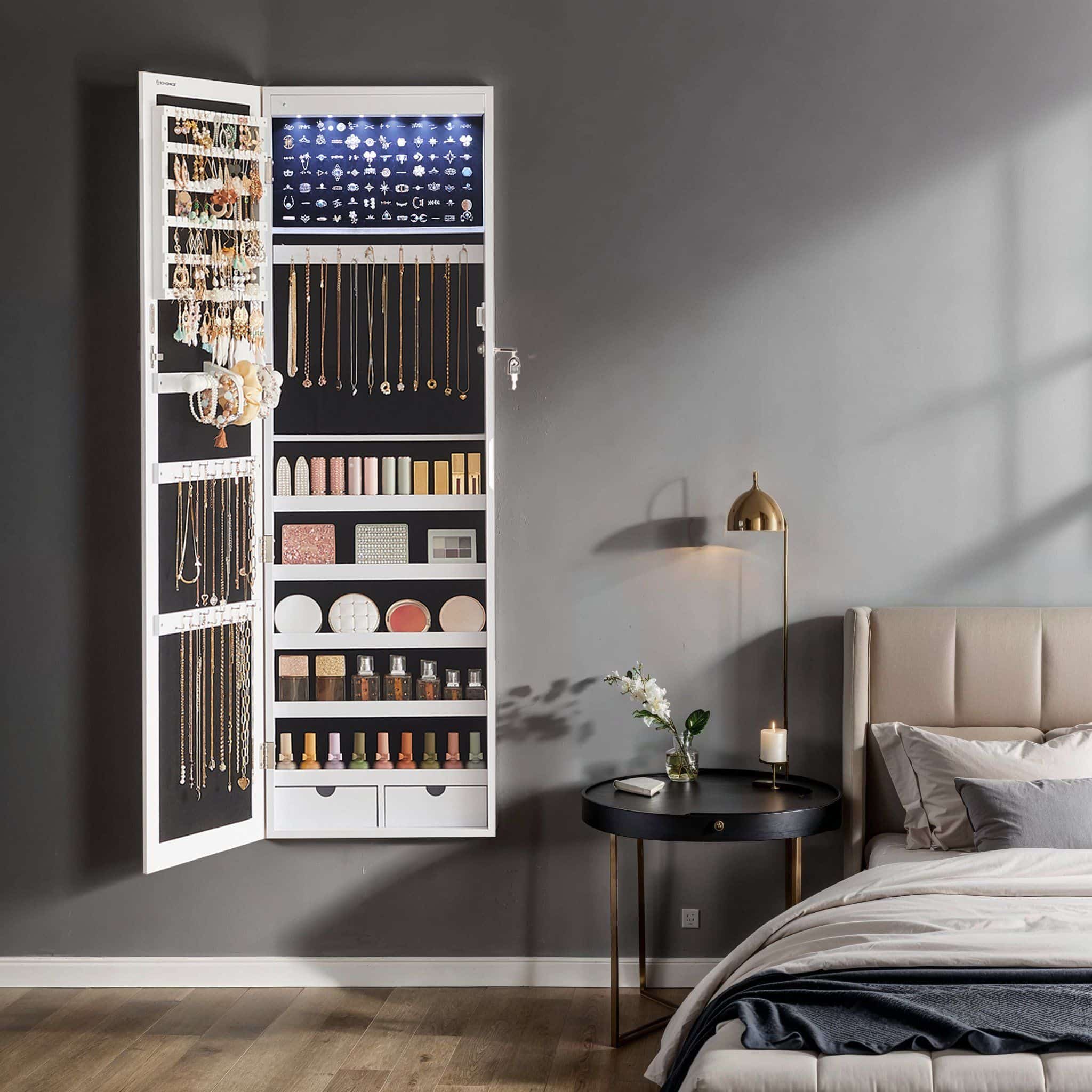 Schmuckschrank hängend, Wandspiegel, 6 LED-Glühbirnen Schmuckschrank hängend, Wandspiegel, 6 LED-Glühbirnen