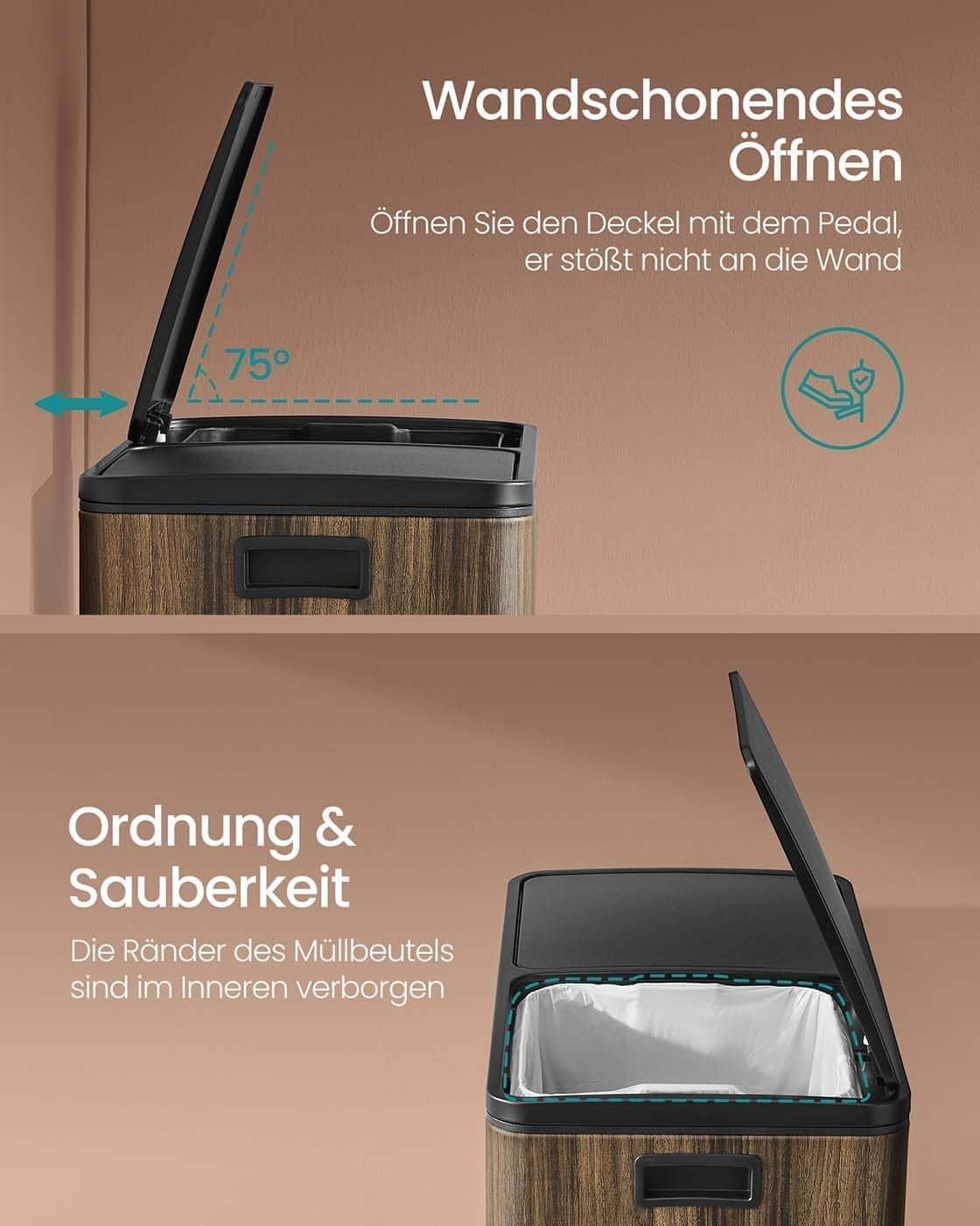 Mülleimer mit 2 Fächern und 15 Müllsäcken Softclose dunkelwalnussfarben Mülleimer mit 2 Fächern und 15 Müllsäcken Softclose dunkelwalnussfarben