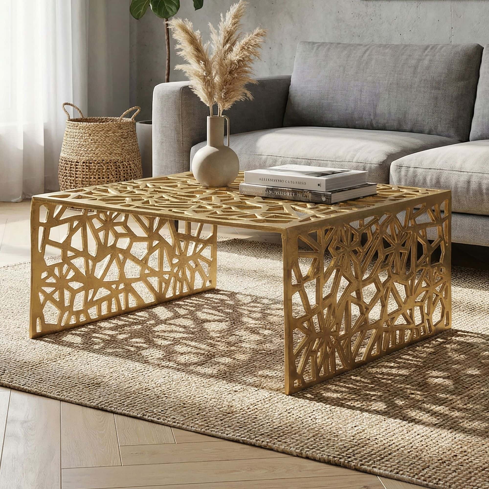 Couchtisch Aluminium Gold 60cm Quadratischer Sofatisch Metall - Wohnzimmertisch Alu modern mit Muster - Design Tisch niedrig - Loungetisch Beistelltisch Handmade