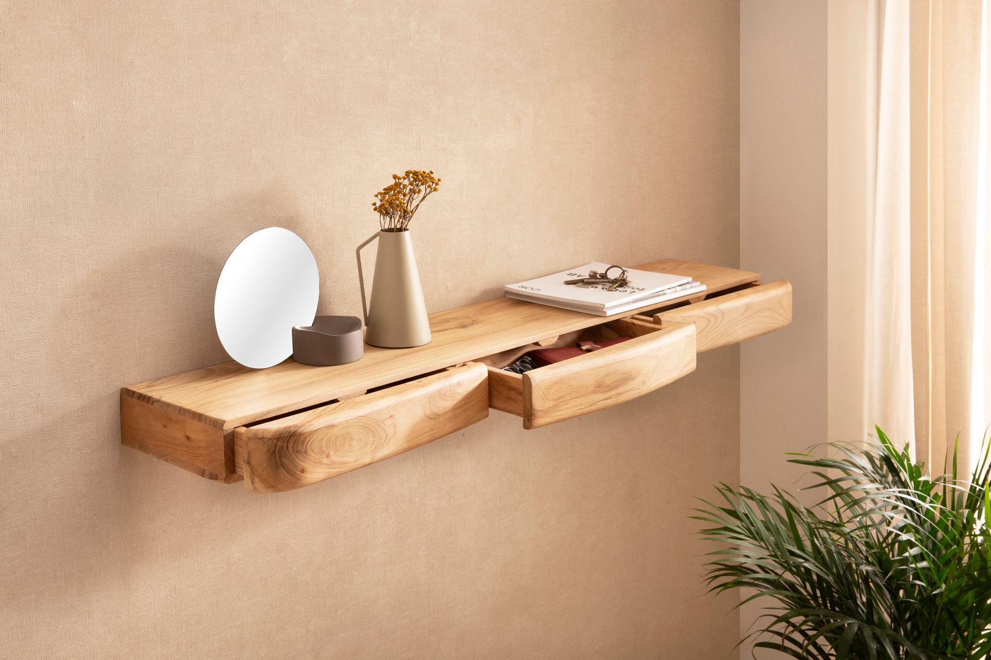 Wandregal Akazie Massivholz 120cm mit drei Schubladen - Design Regal für die Wand - Holz Wandboard mit Stauraum - Schwebendes Hängeregal aus Echtholz Wandregal Akazie Massivholz 120cm mit drei Schubladen - Design Regal für die Wand - Holz Wandboard mit Stauraum - Schwebendes Hängeregal aus Echtholz