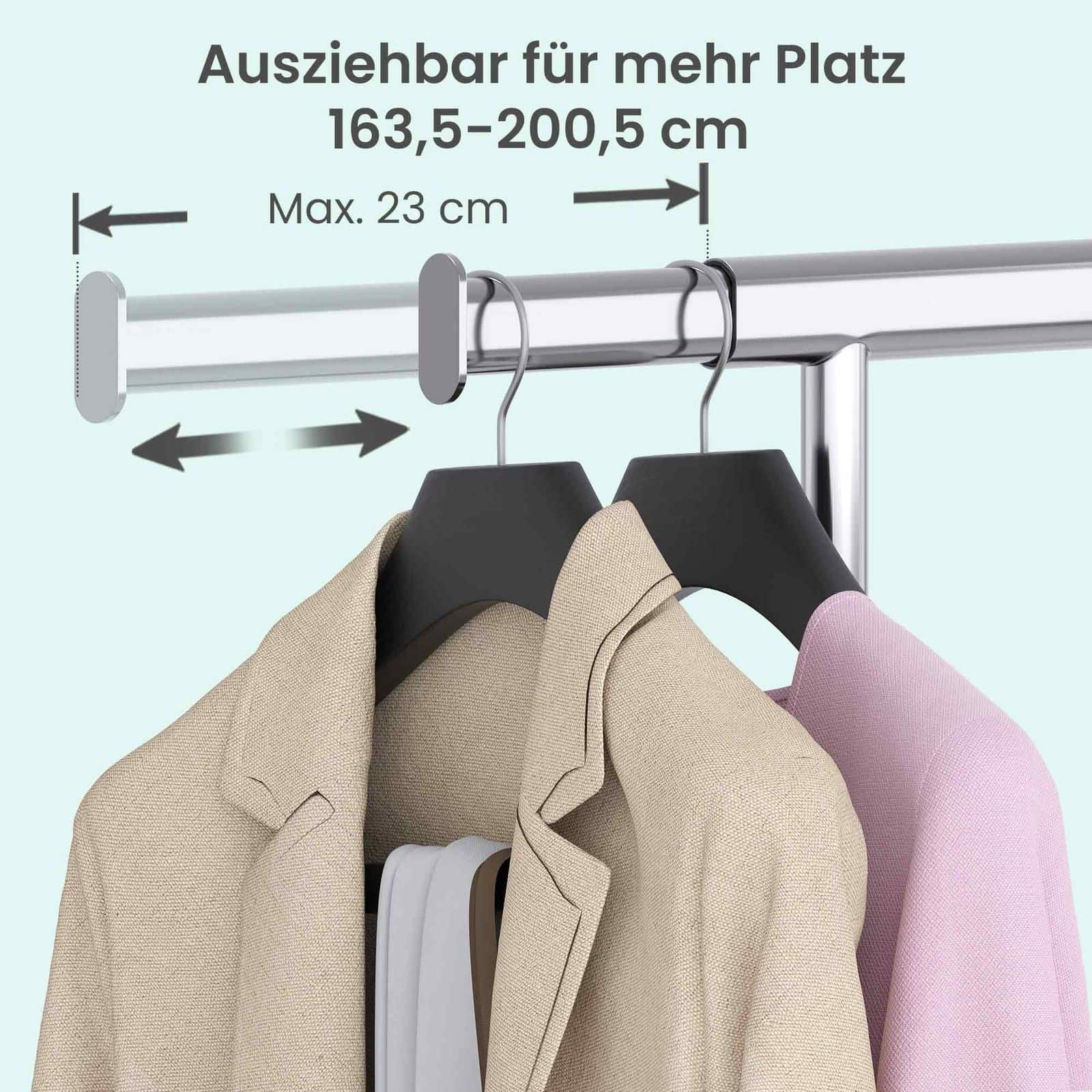 Kleiderständer auf Rollen, ausziehbare Kleiderstange, bis 110 kg belastbar Kleiderständer auf Rollen, ausziehbare Kleiderstange, bis 110 kg belastbar