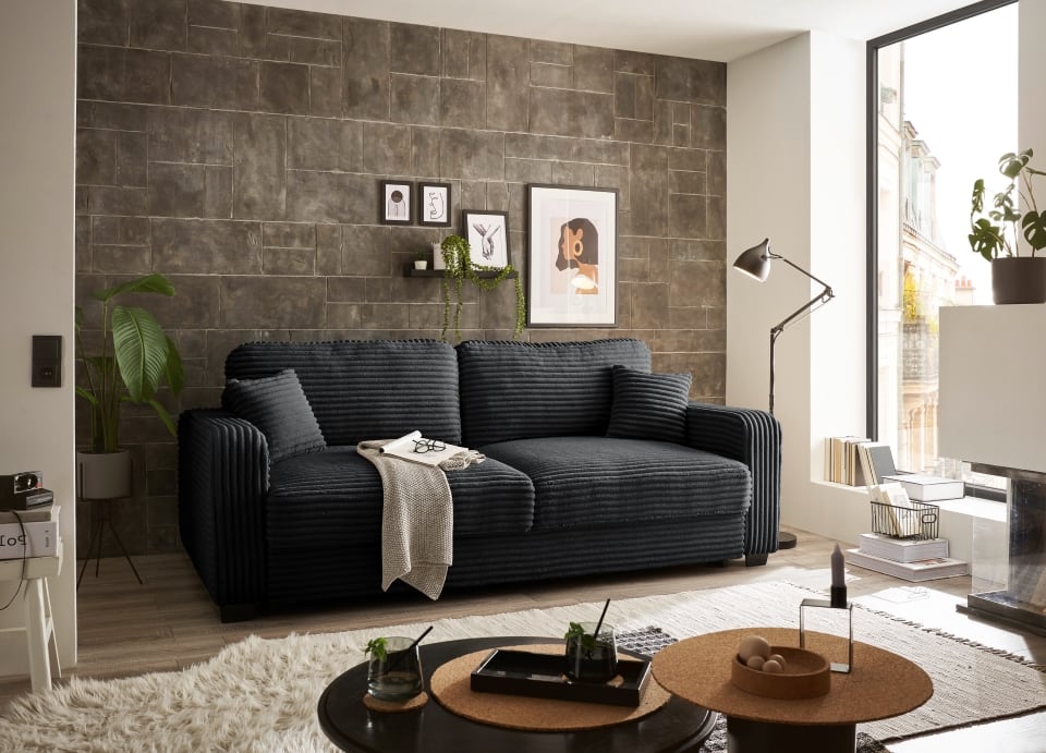 Sofa Carrara von ED Exciting Design mit Schlaffunktion, Liftbeschlag, Bettkasten und Mikrofaserbezug Ambience Farbe Schwarz