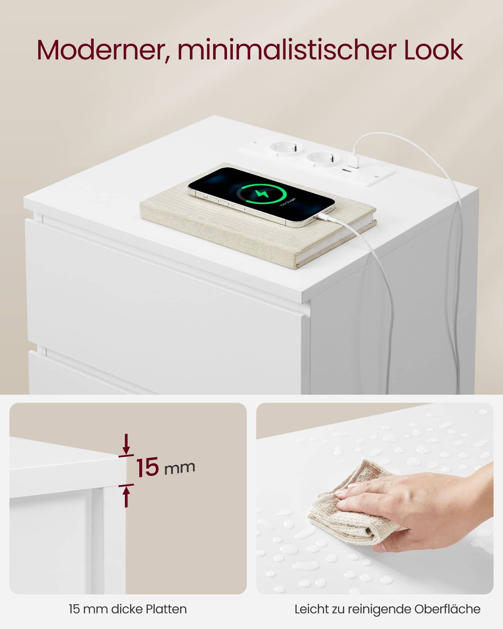 Nachttisch 2er Set 2 AC-Steckdosen modern wolkenweiß Nachttisch 2er Set 2 AC-Steckdosen modern wolkenweiß