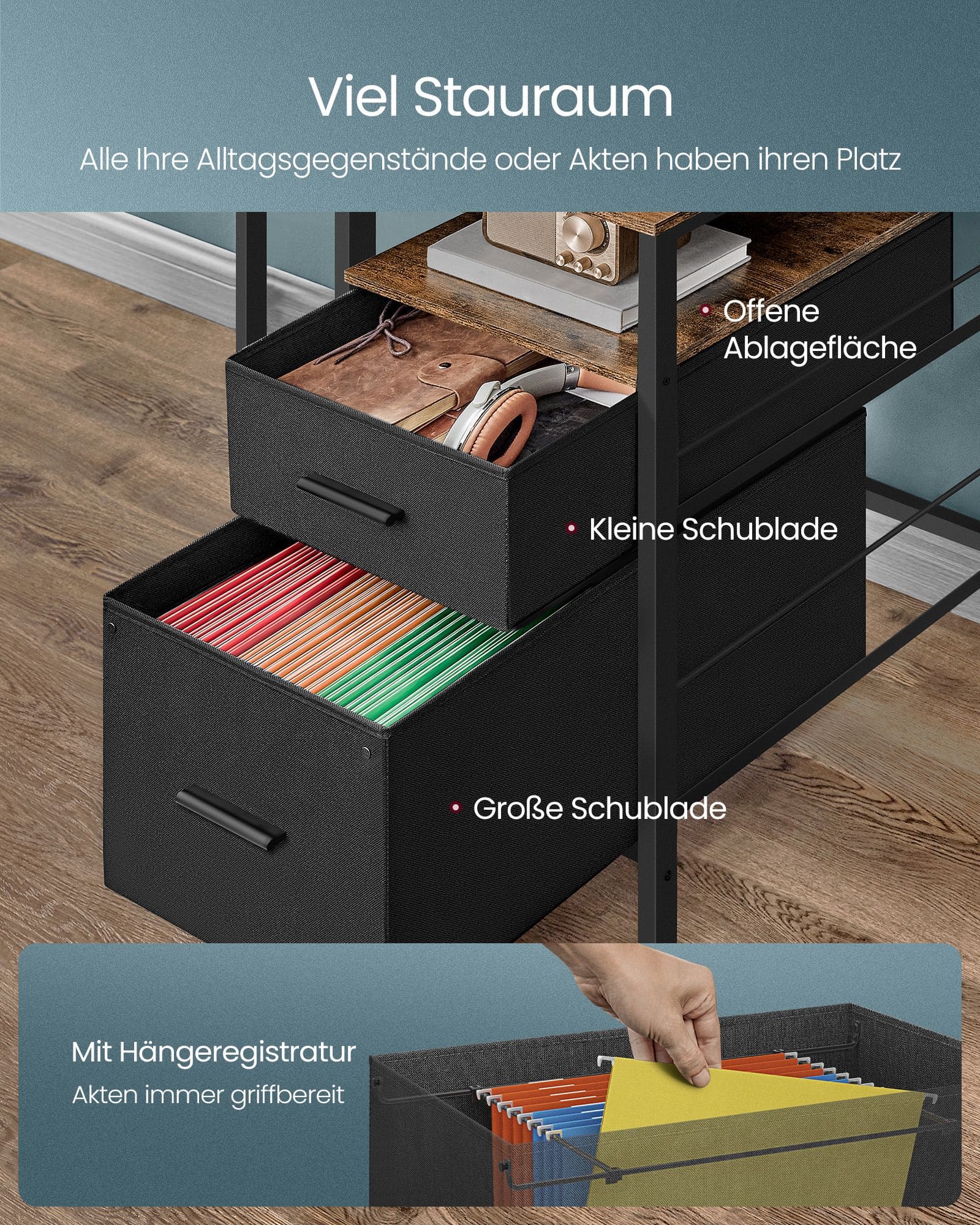 Schreibtisch mit Schubladen und Steckdosen vintagebraun Schreibtisch mit Schubladen und Steckdosen vintagebraun