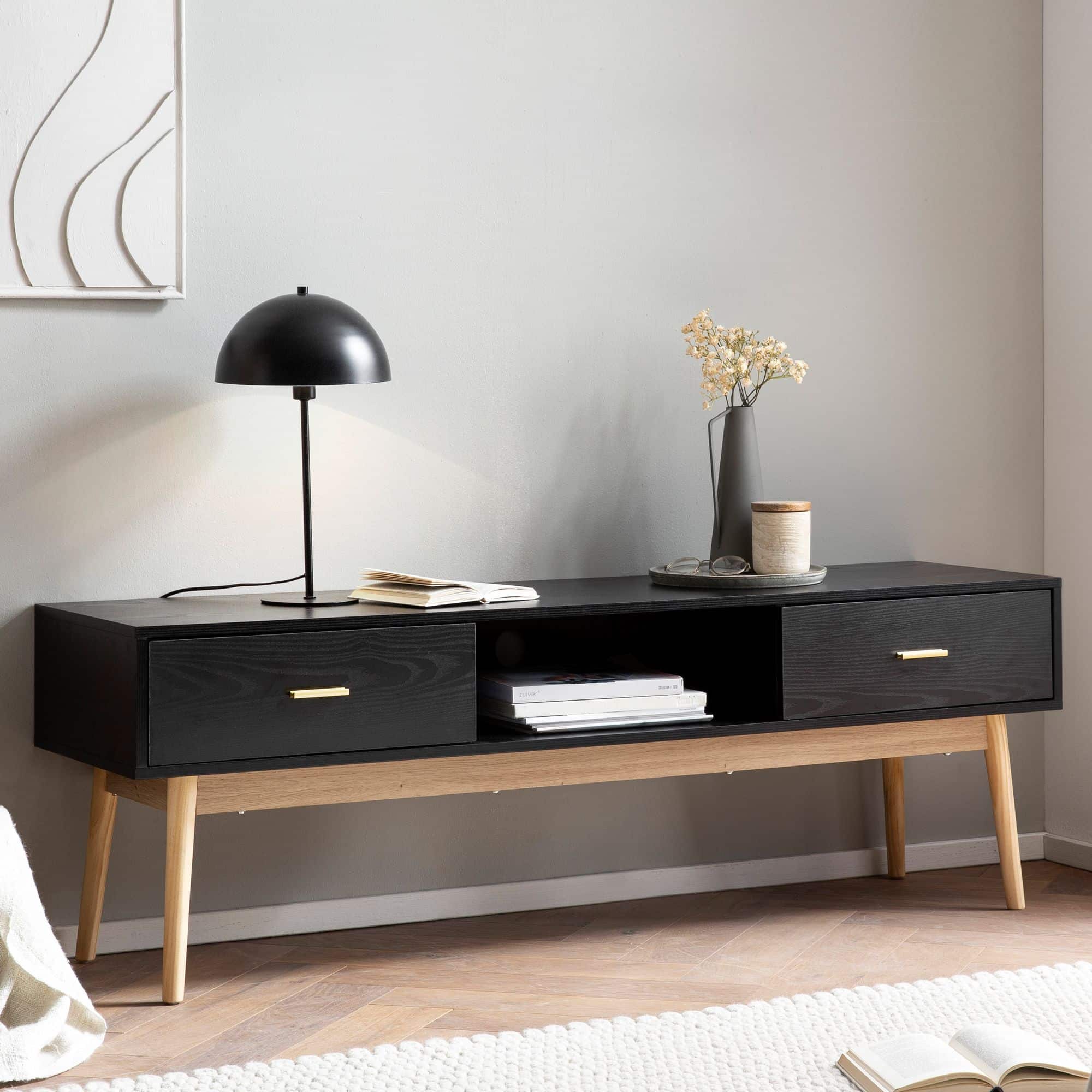 Lowboard Schwarz mit Eiche-Dekor 150x50x40 cm TV-Kommode Modern Lowboard Schwarz mit Eiche-Dekor 150x50x40 cm TV-Kommode Modern