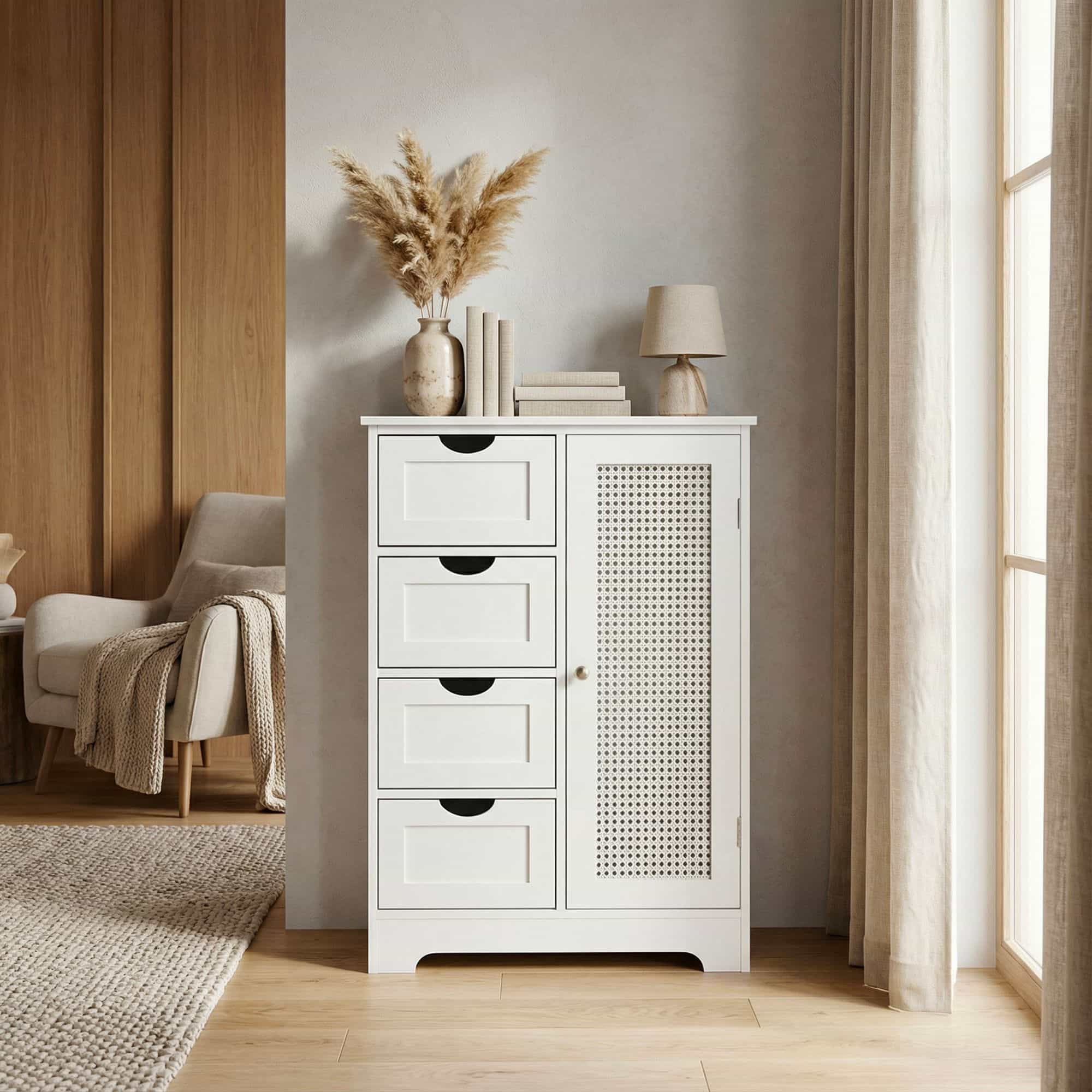 schmaler Standschrank mit Schubladen und Tür 55x80 cm – Aufbewahrungsschrank aus MDF Weiß – Kommode mit Rattan Geflecht – Schrank für Flur und Wohnzimmer – Schubladenkommode modern