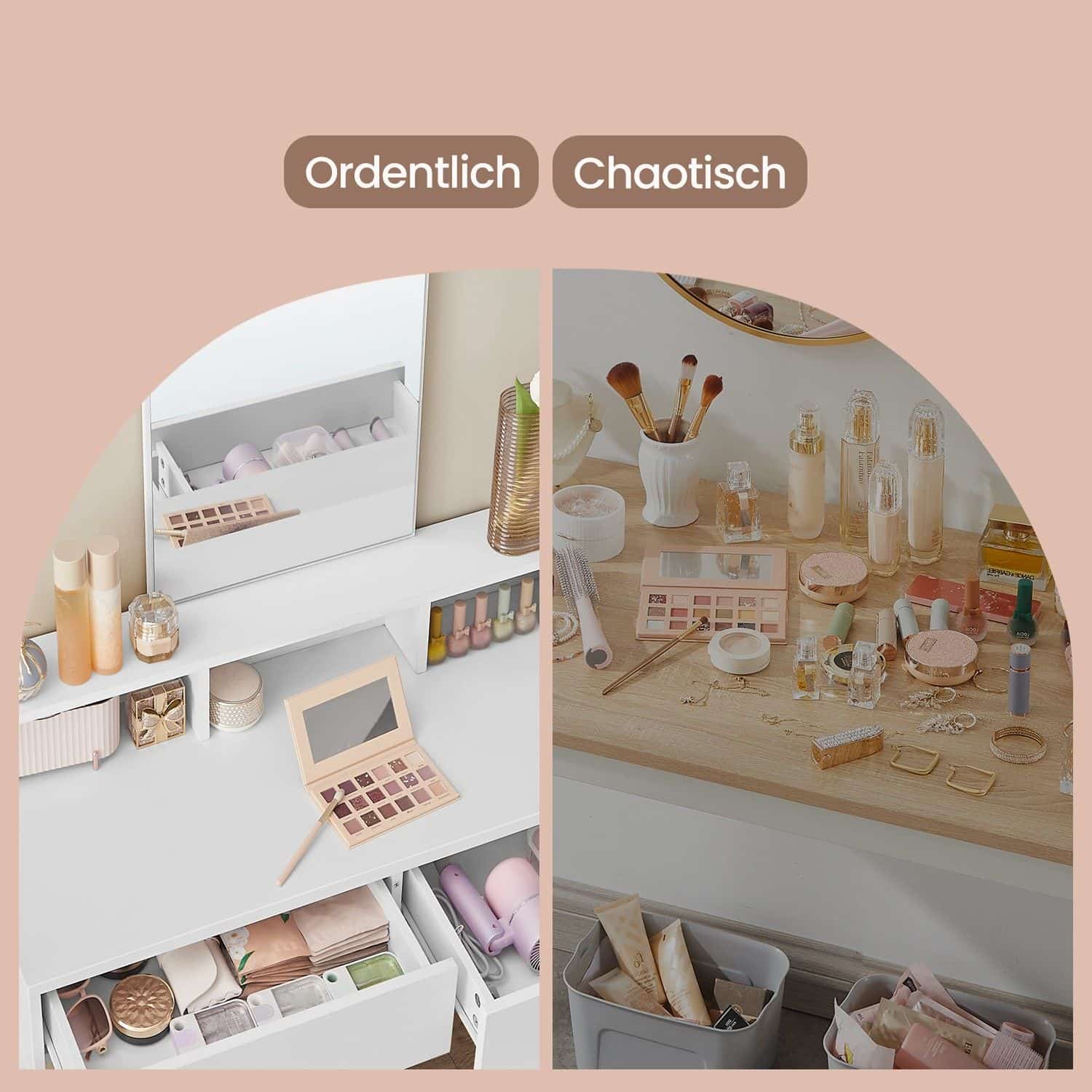 Schminktisch mit großem Spiegel, Frisiertisch, 2 Schubladen